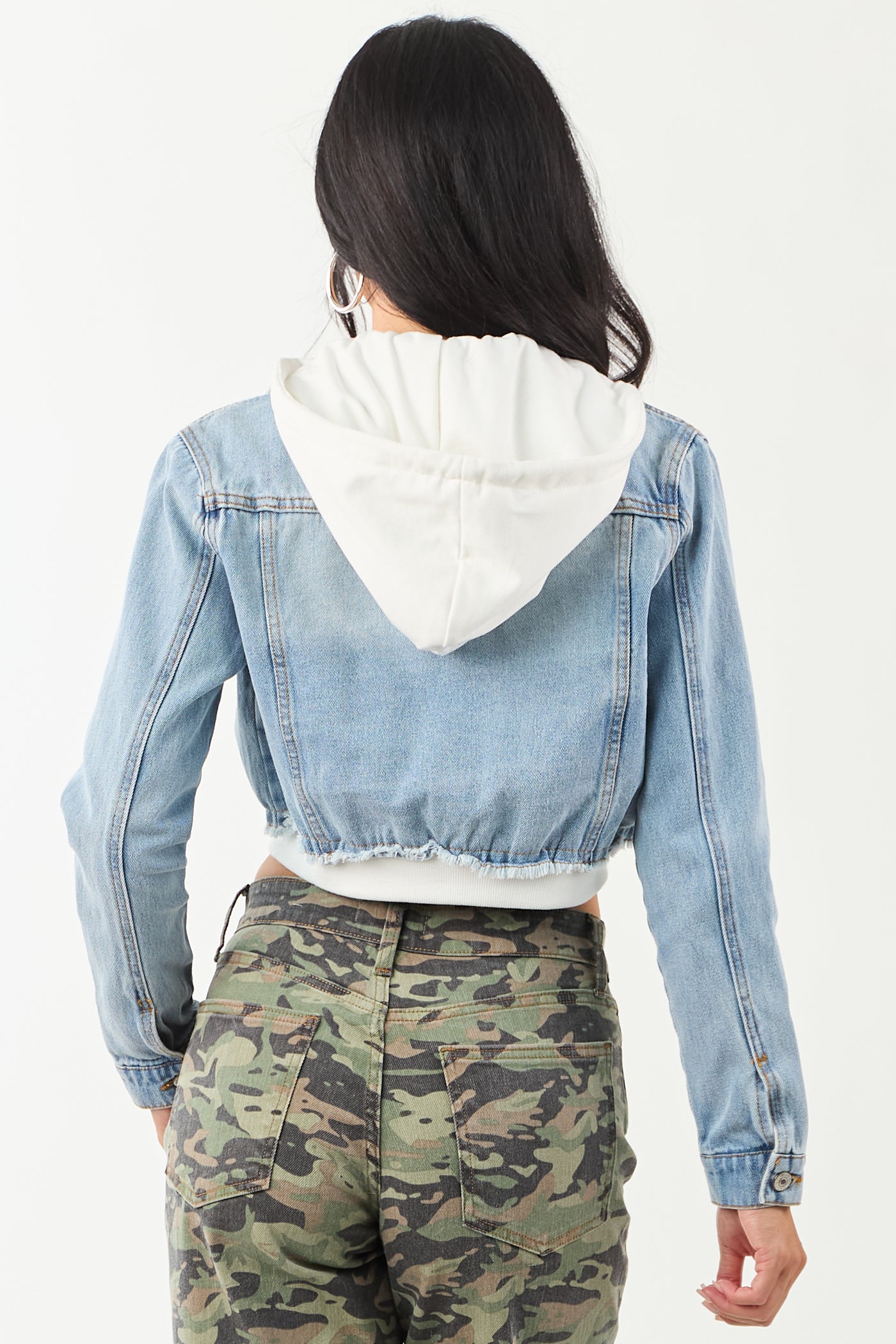 Medium Denim Crop Jacket with Inner Zip Up Hoodie