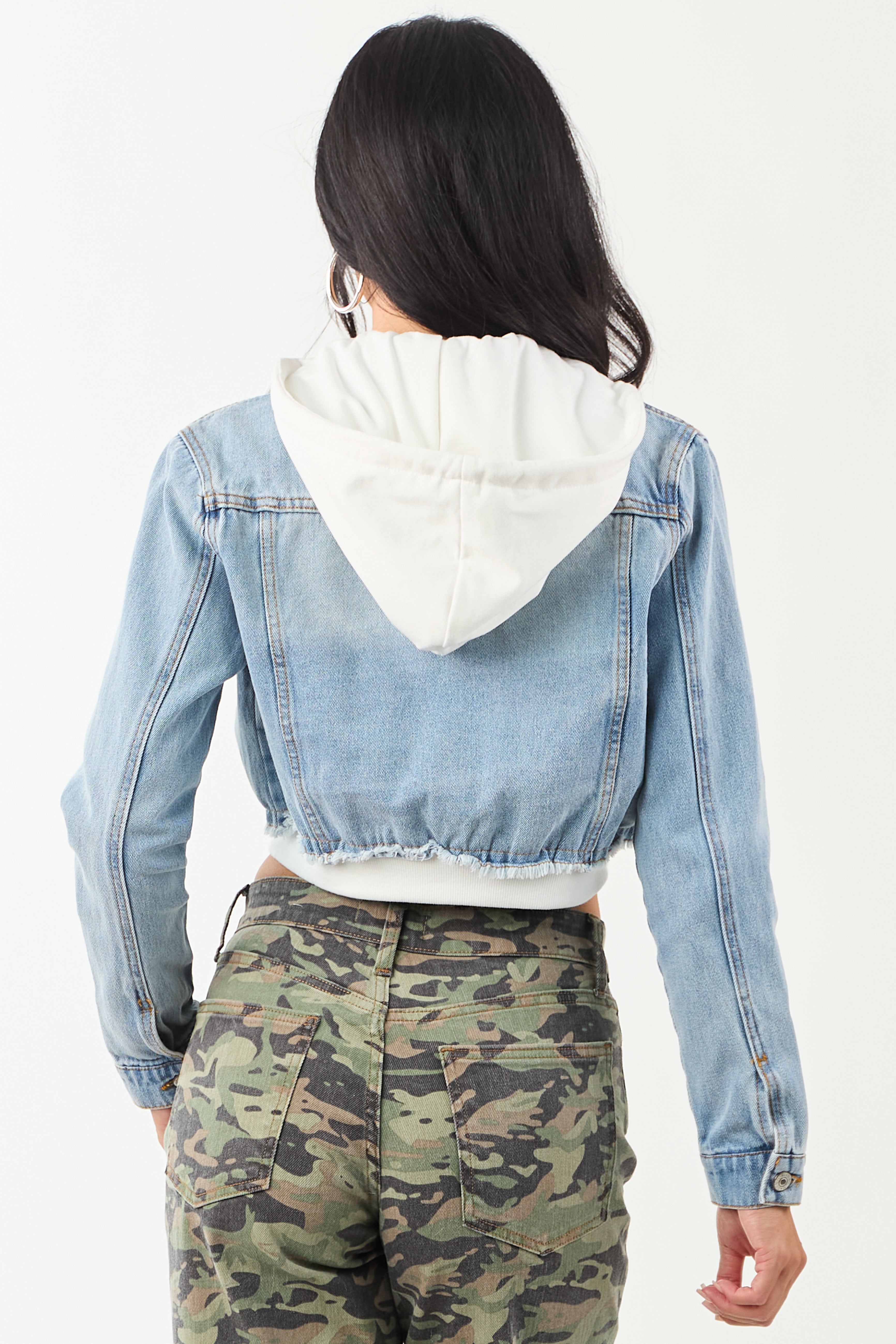 Medium Denim Crop Jacket with Inner Zip Up Hoodie