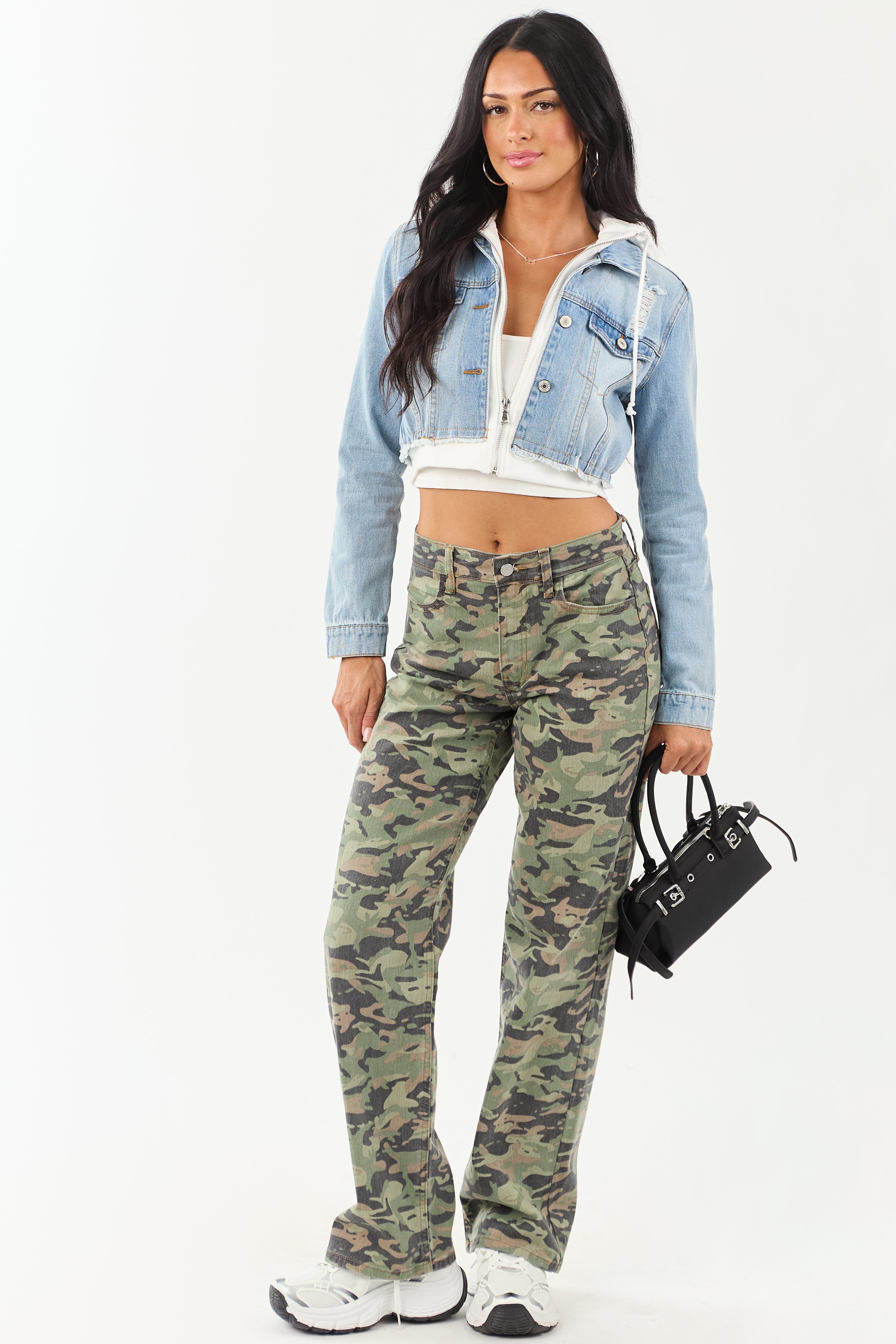 Medium Denim Crop Jacket with Inner Zip Up Hoodie