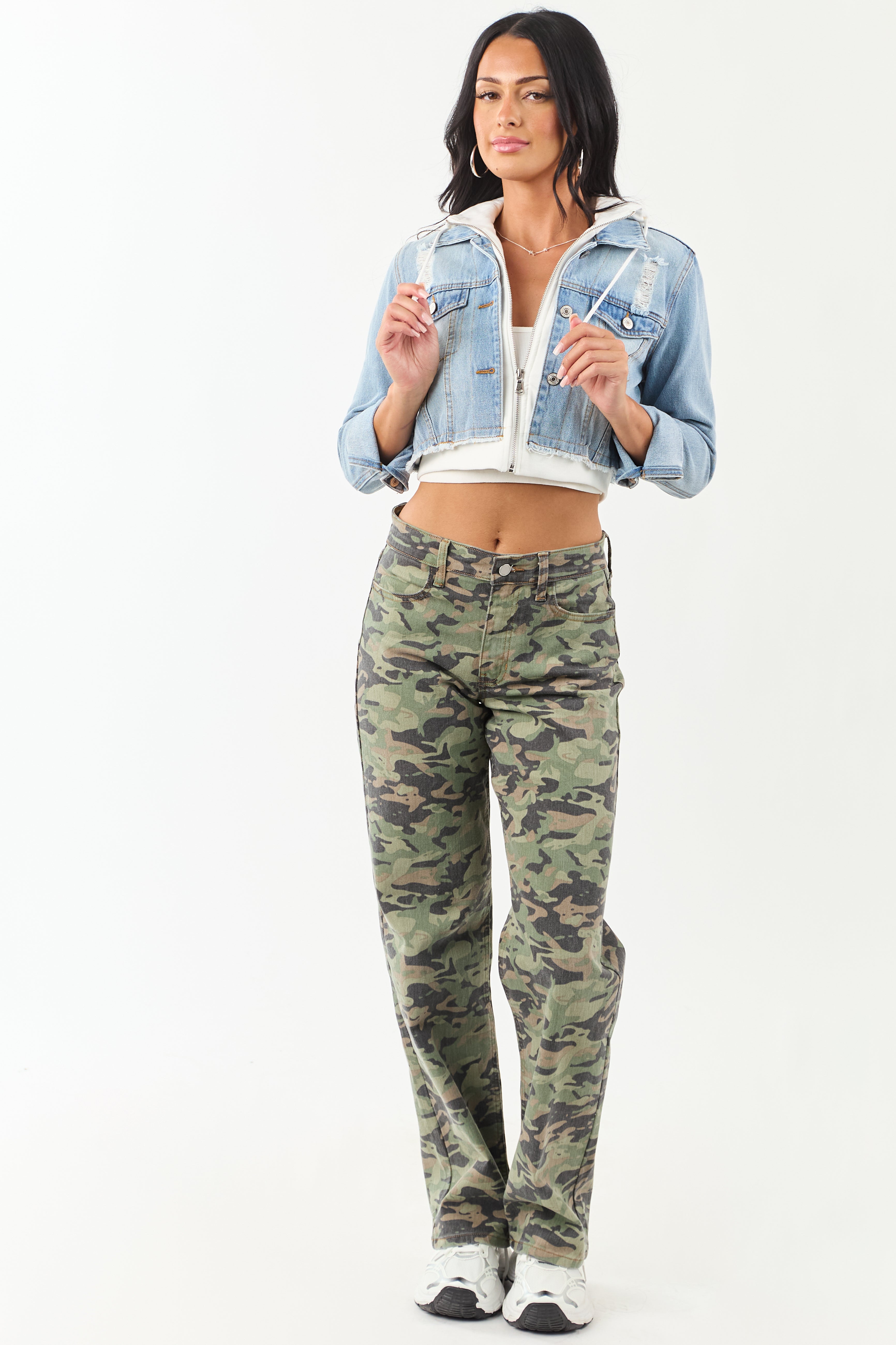 Medium Denim Crop Jacket with Inner Zip Up Hoodie