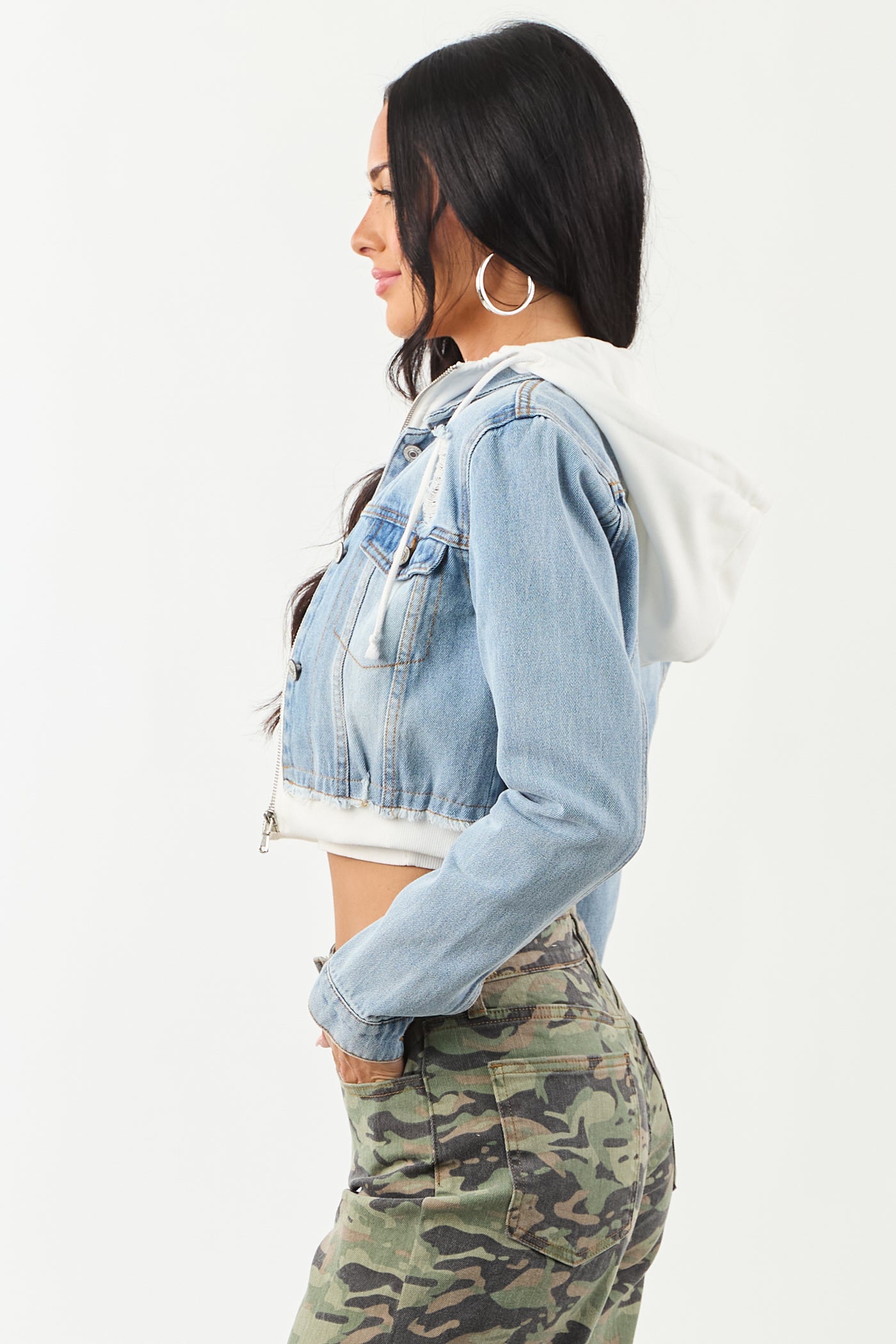 Medium Denim Crop Jacket with Inner Zip Up Hoodie