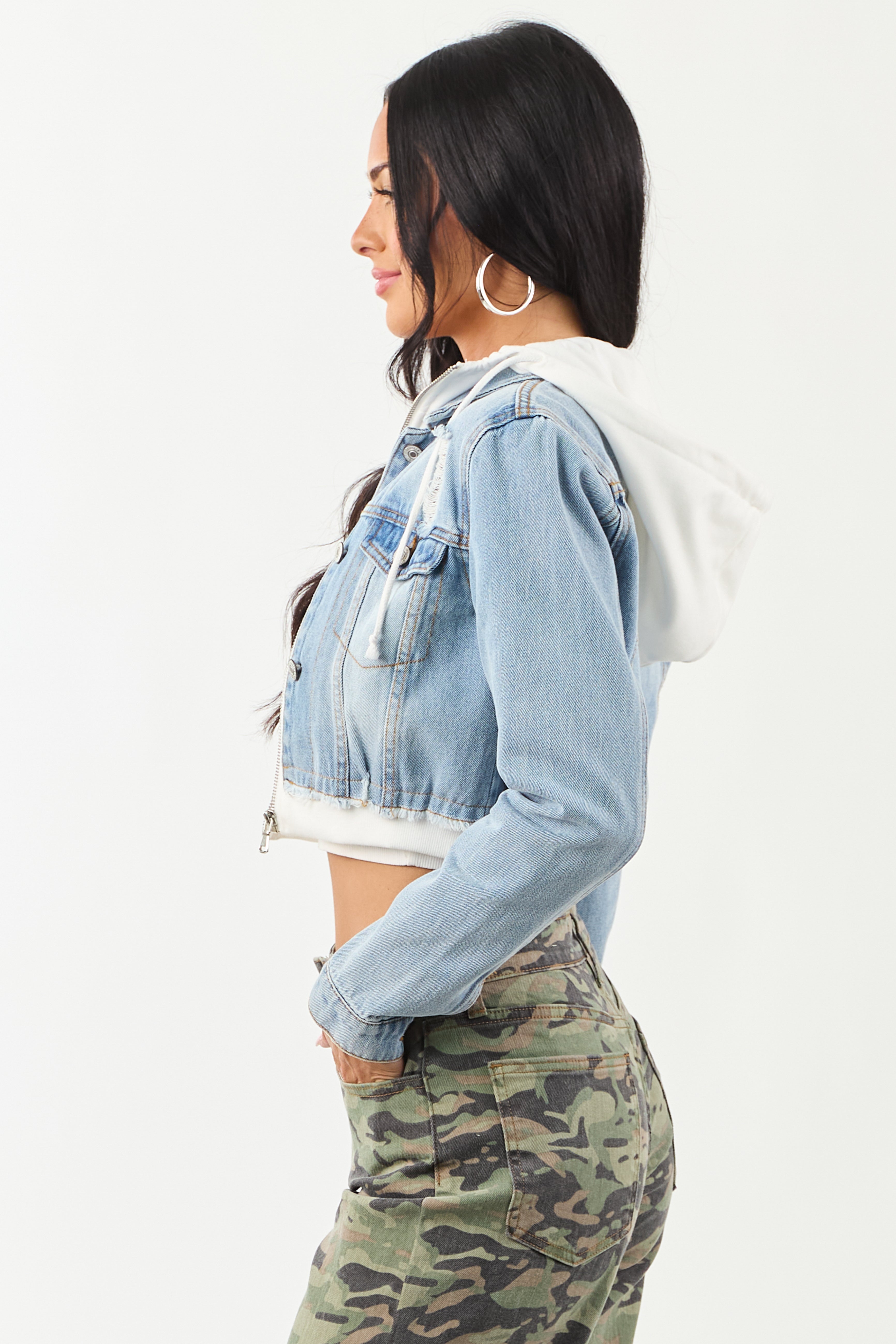 Medium Denim Crop Jacket with Inner Zip Up Hoodie
