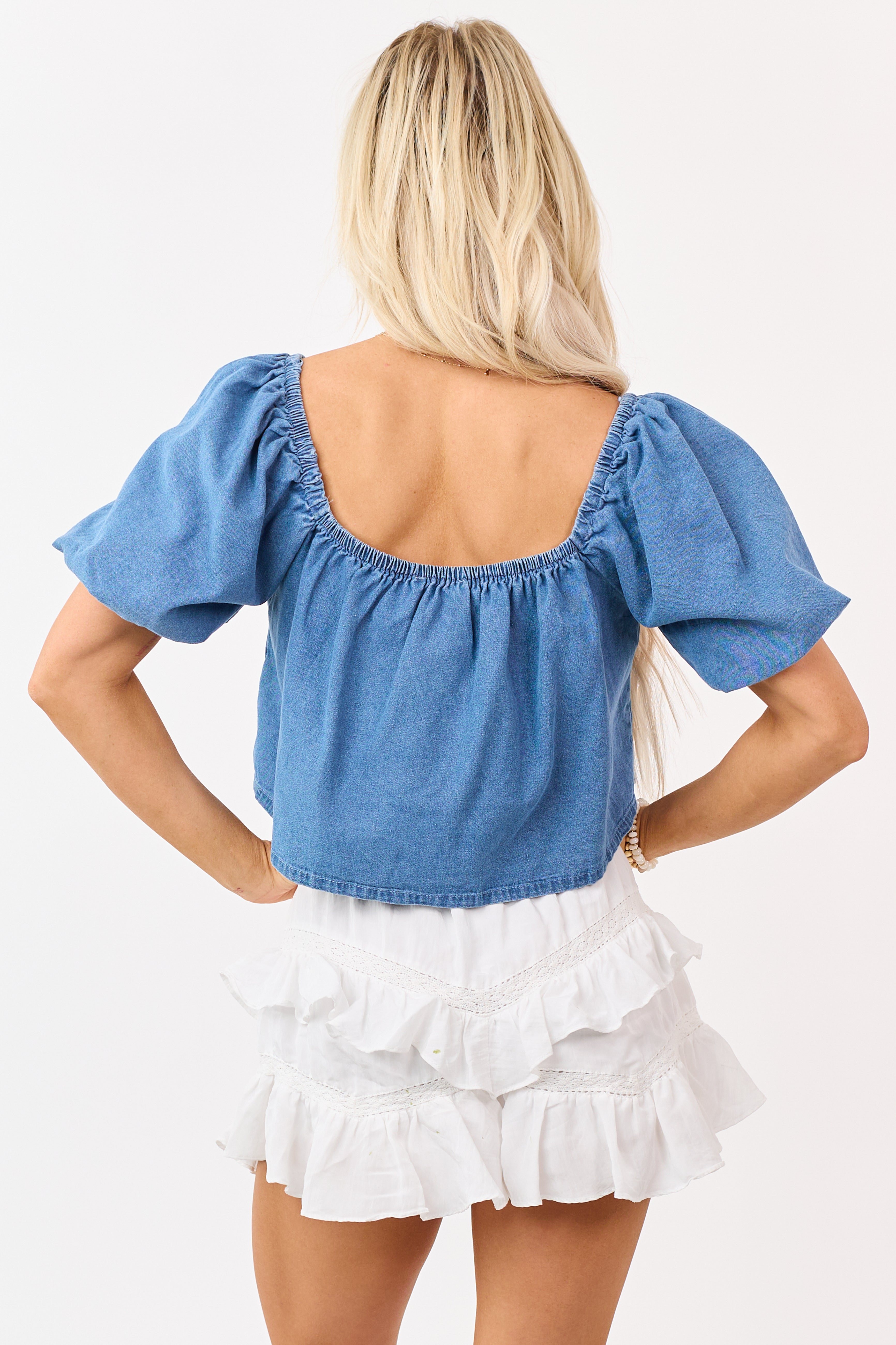 Medium Denim Floral Embroidered Scarf Hem Top | Lime Lush Boutique