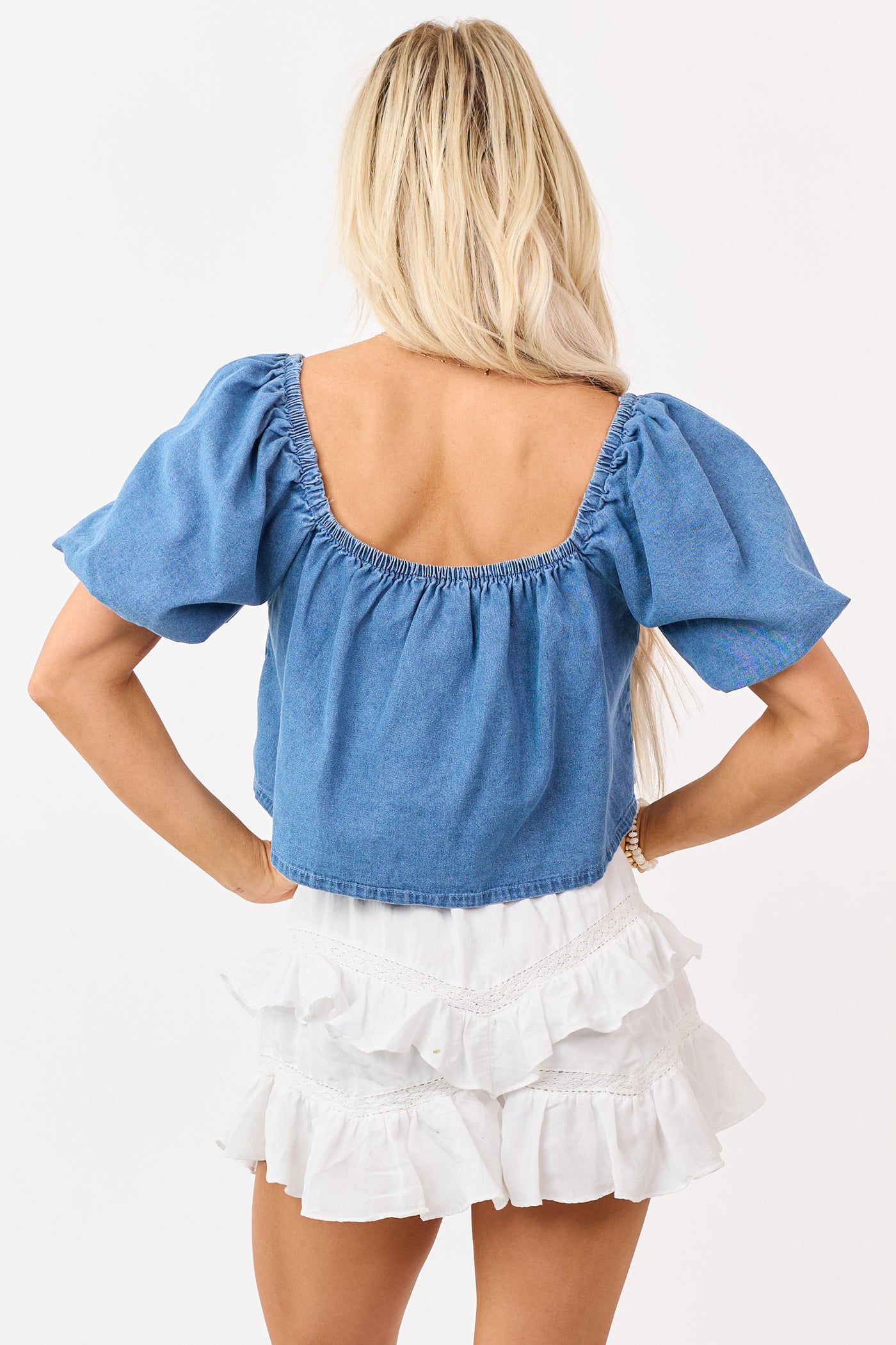 Medium Denim Floral Embroidered Scarf Hem Top