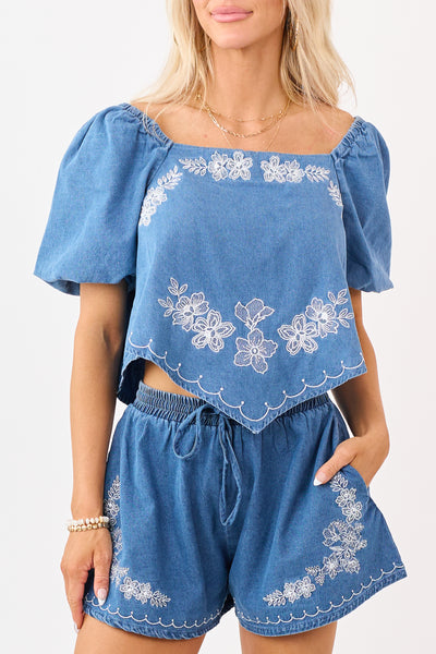 Medium Denim Floral Embroidered Scarf Hem Top | Lime Lush Boutique