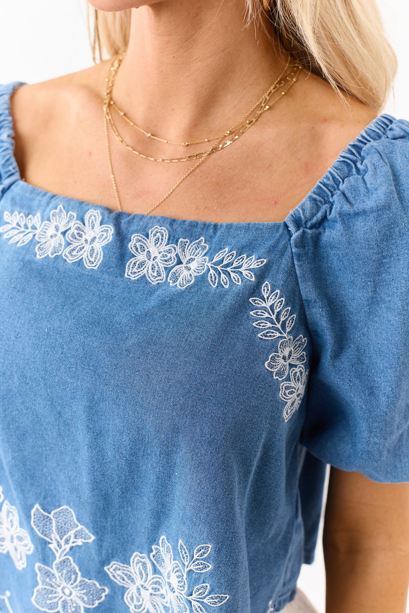 Medium Denim Floral Embroidered Scarf Hem Top