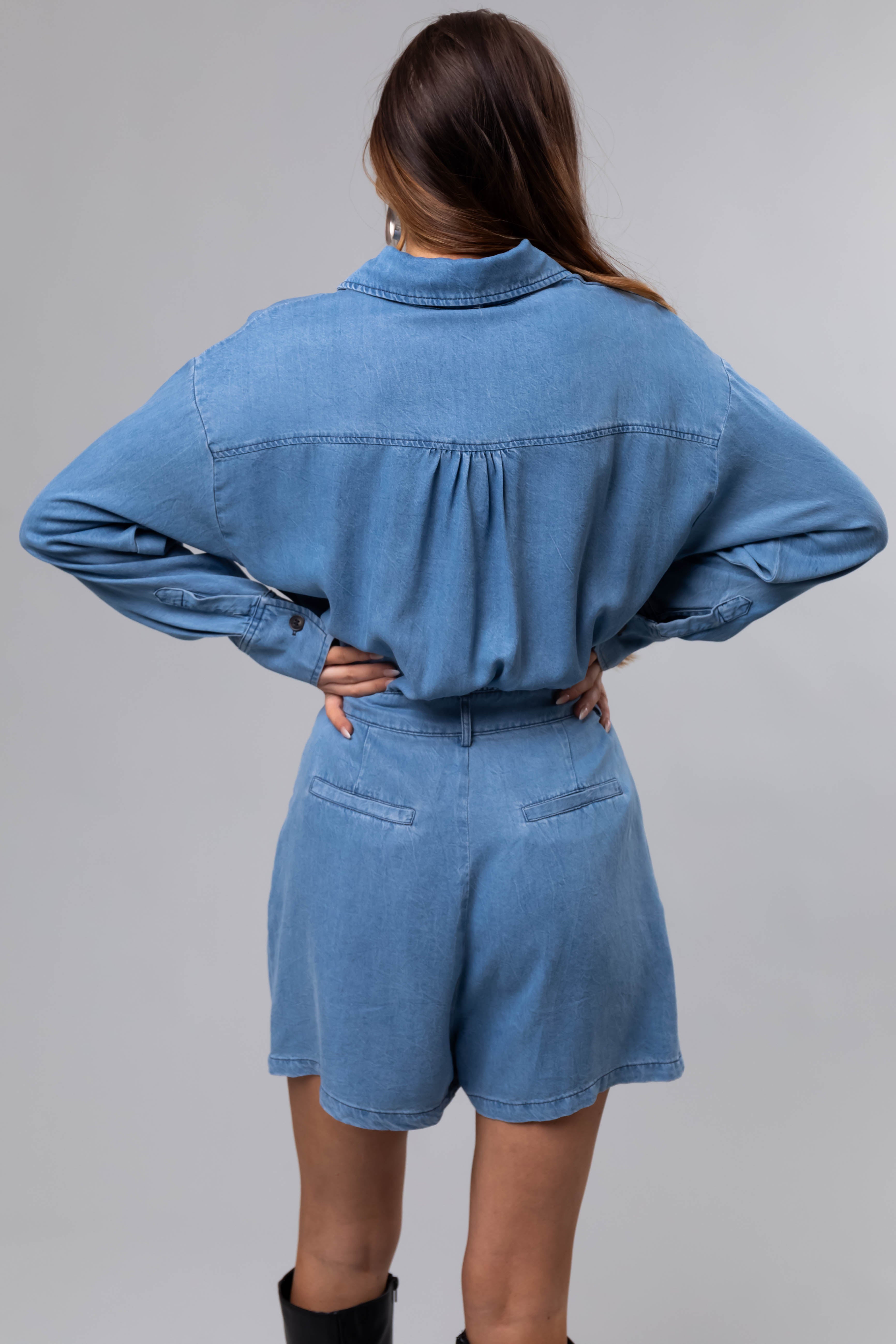 Medium Denim Long Sleeve Button Up Romper | Lime Lush Boutique