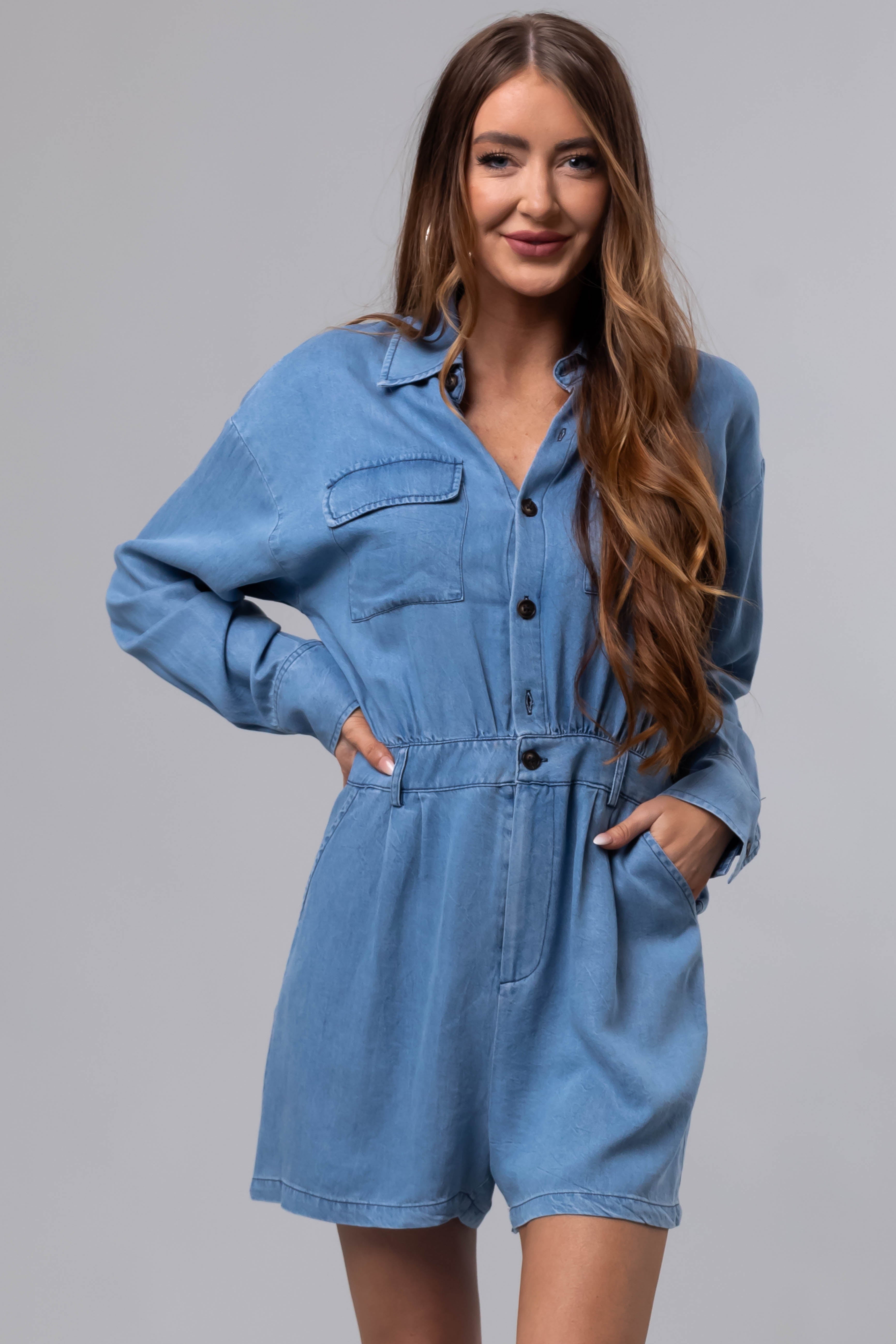 Medium Denim Long Sleeve Button Up Romper | Lime Lush Boutique