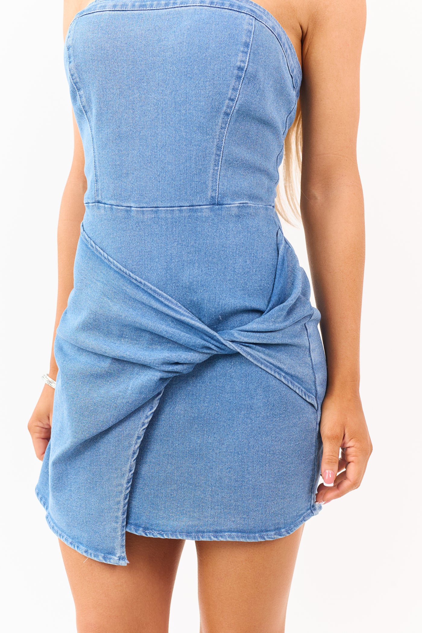 Medium Denim Strapless Wrap Twist Front Mini Dress