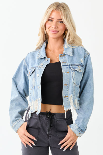 Medium Mineral Wash Denim Distressed Boxy Jacket