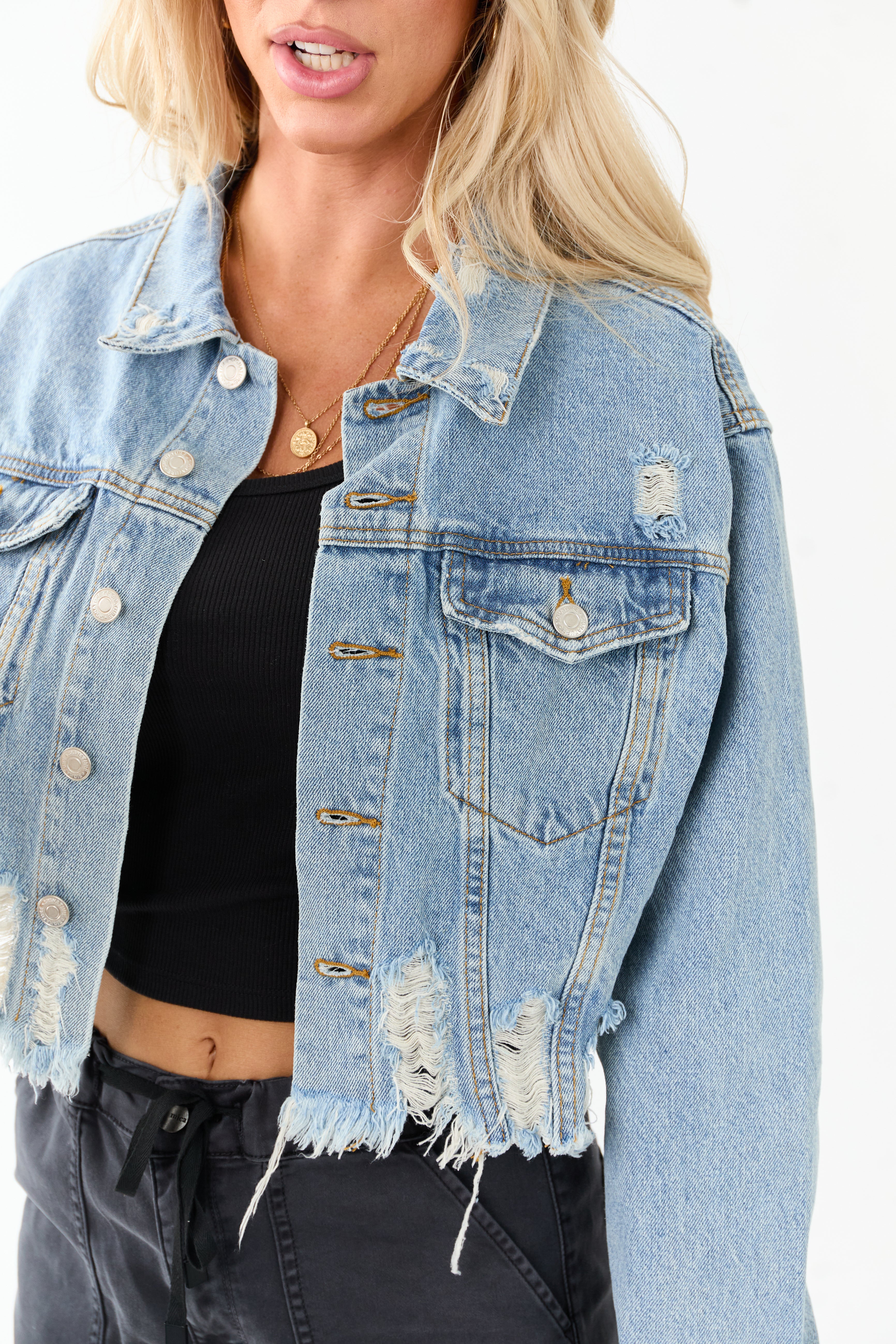Medium Mineral Wash Denim Distressed Boxy Jacket