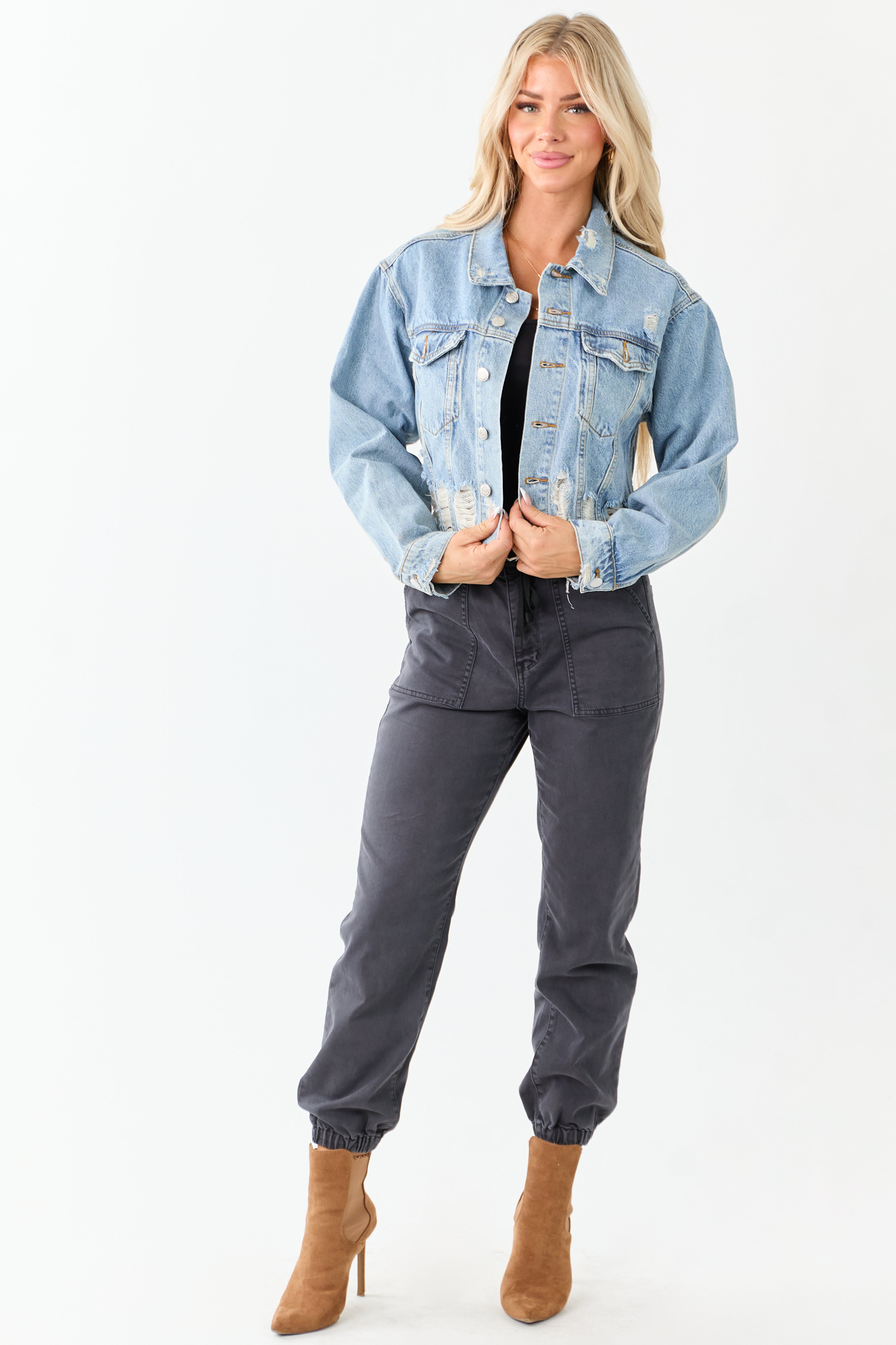 Medium Mineral Wash Denim Distressed Boxy Jacket