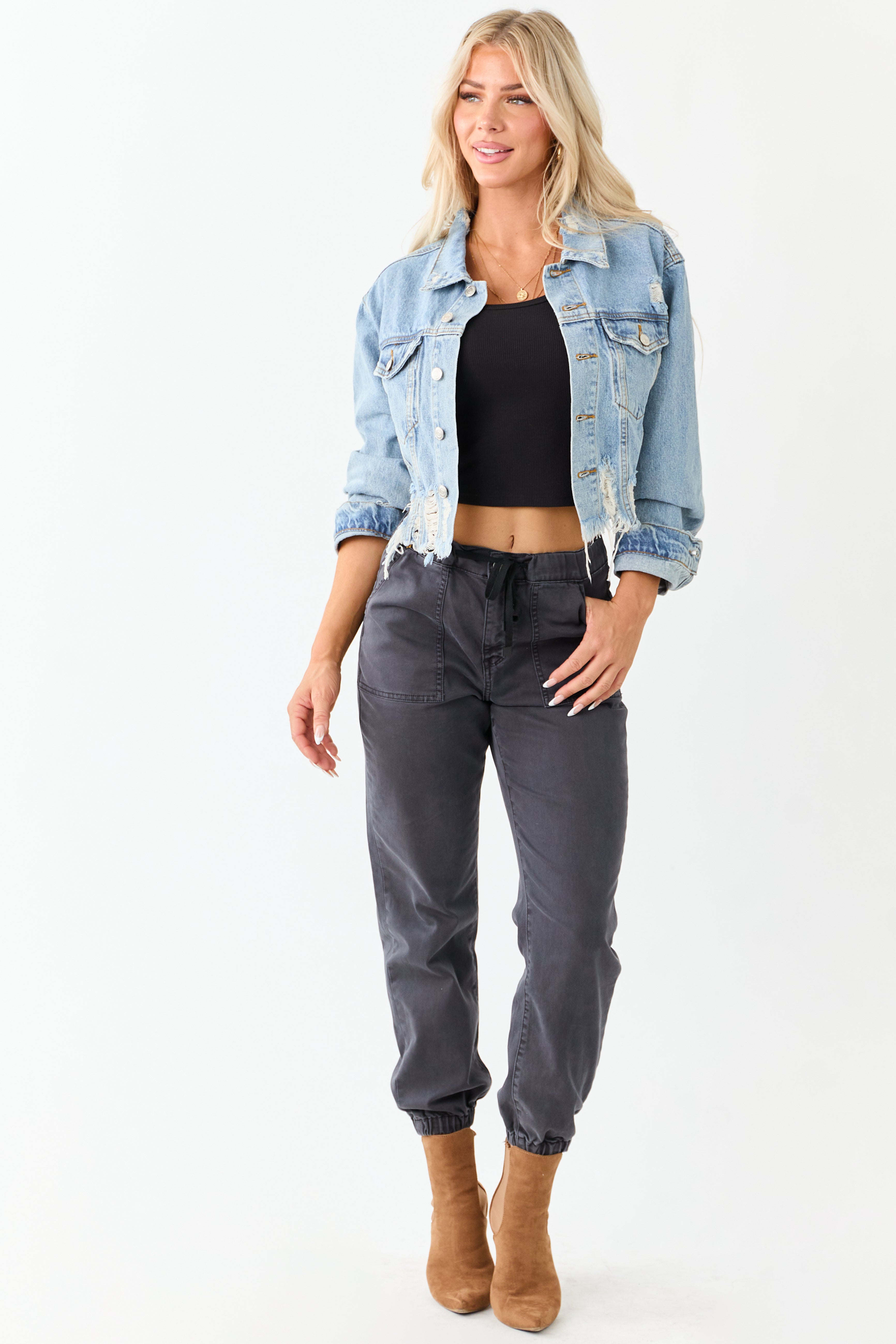 Medium Mineral Wash Denim Distressed Boxy Jacket