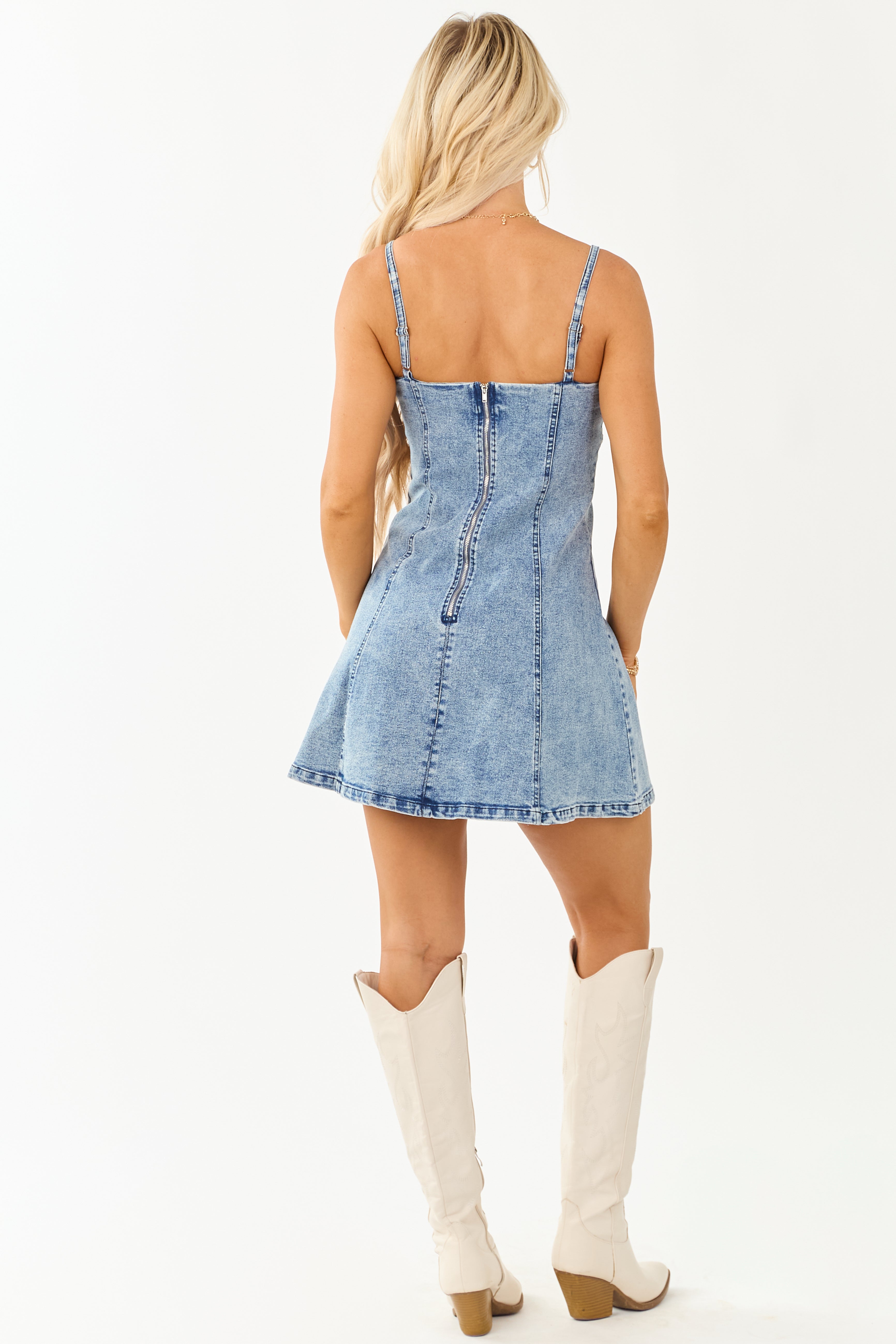 Medium Mineral Wash Horseshoe Notch Denim Mini Dress
