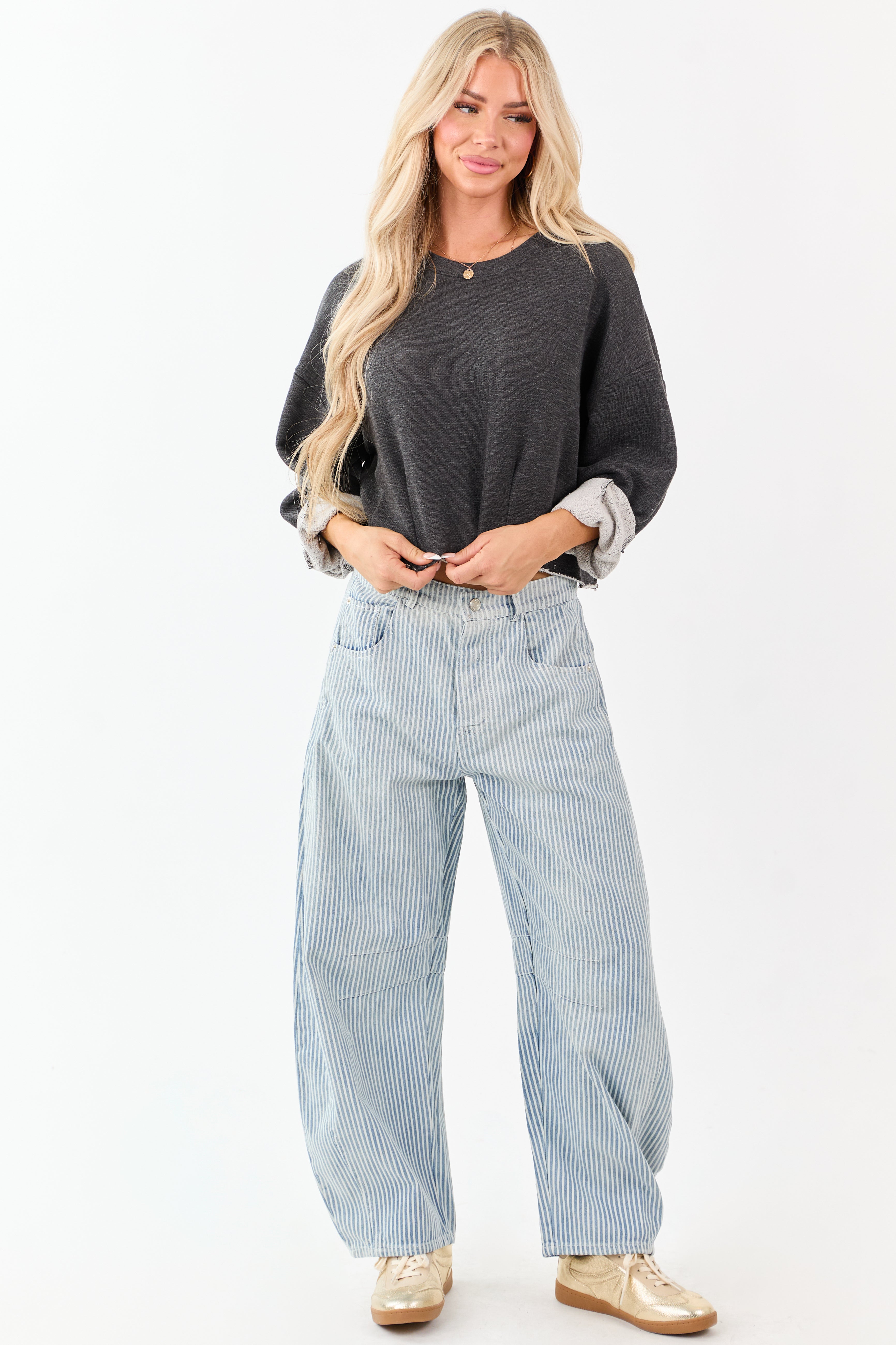 Medium Mineral Wash Railroad Stripe Barrel Jeans