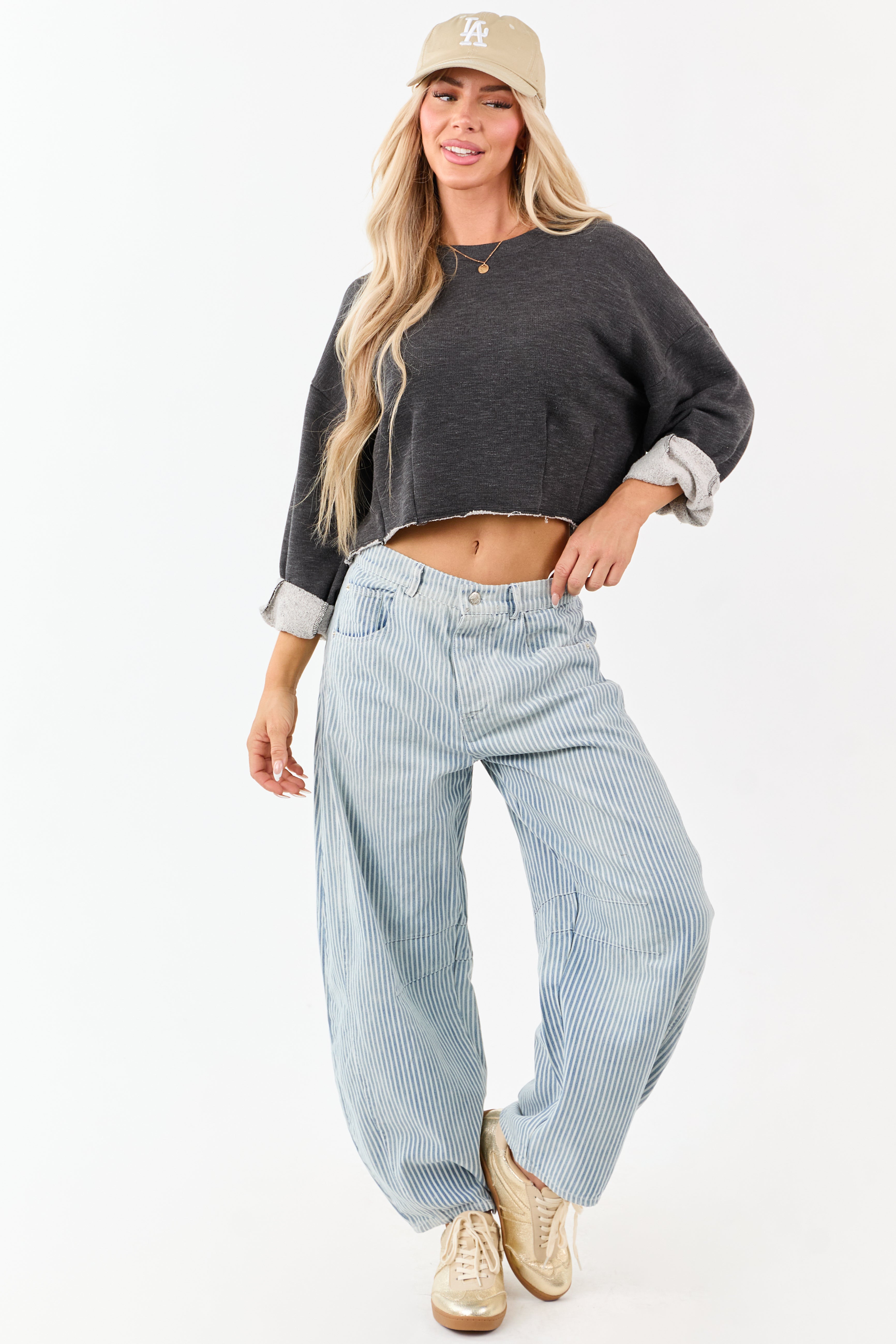 Medium Mineral Wash Railroad Stripe Barrel Jeans