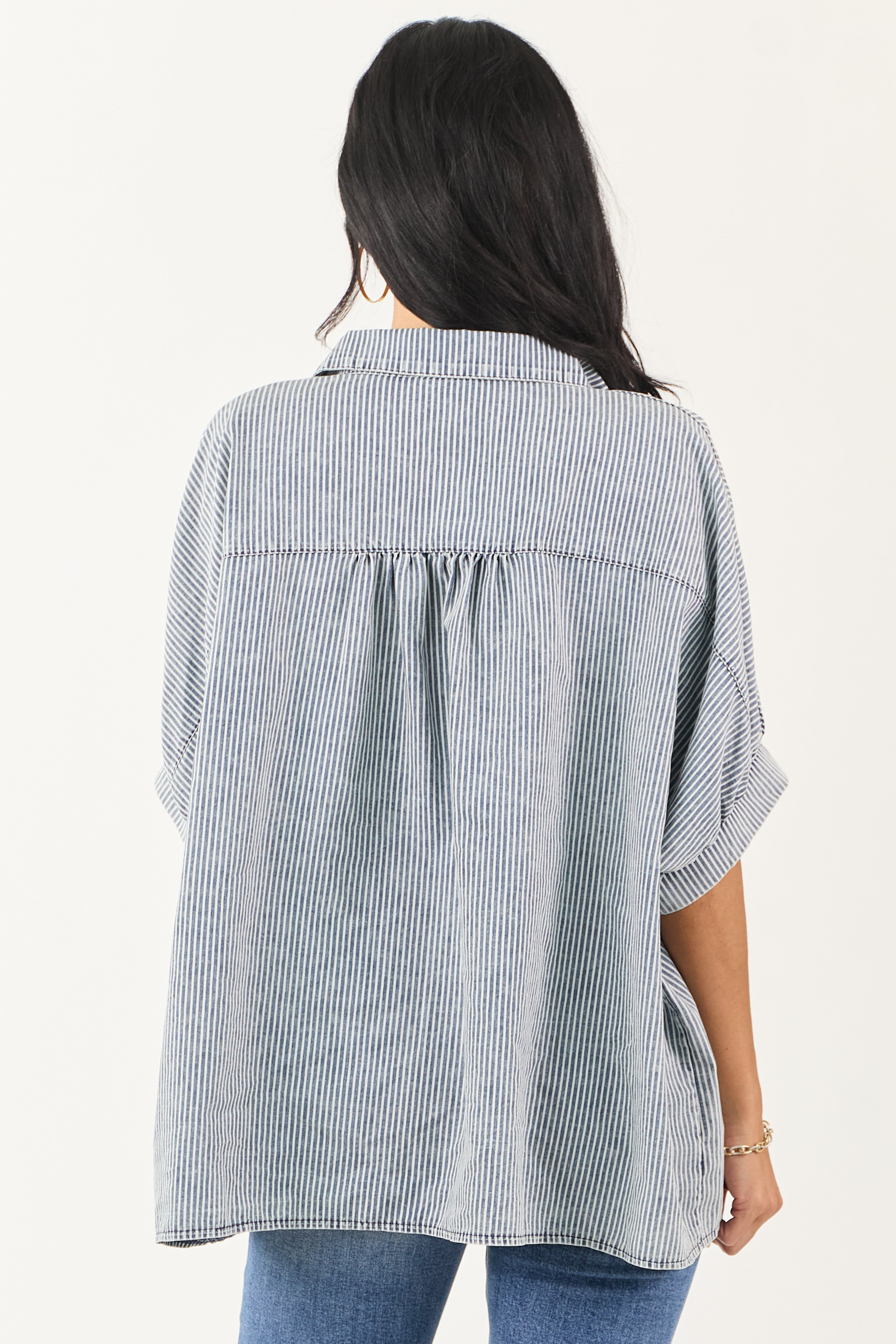 Medium Mineral Wash Striped Chambray Denim Top