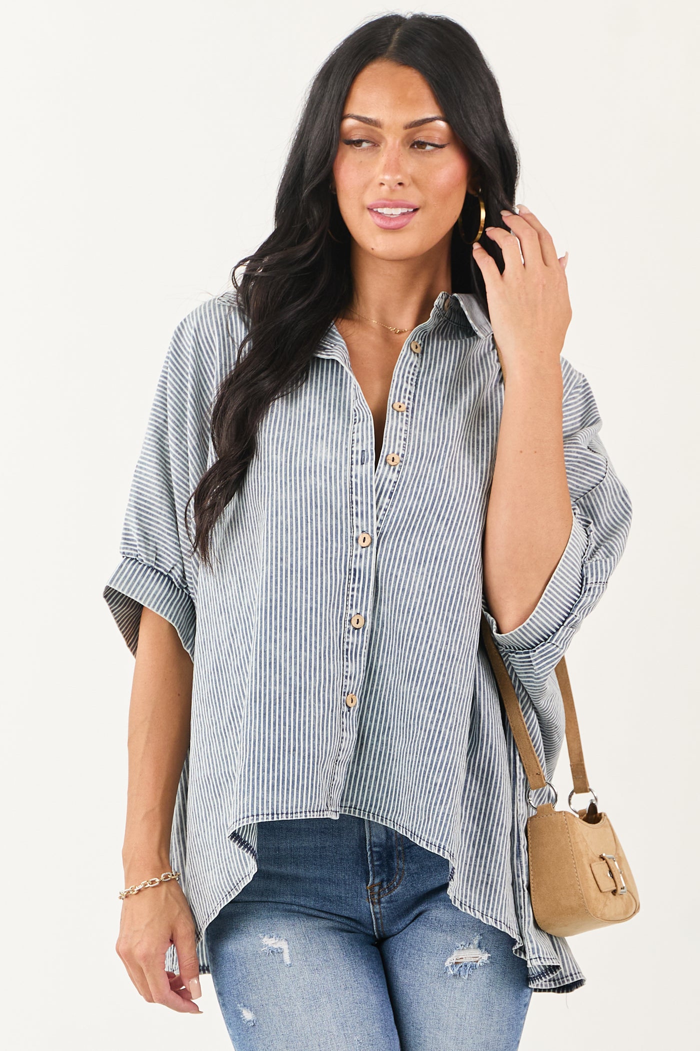 Medium Mineral Wash Striped Chambray Denim Top