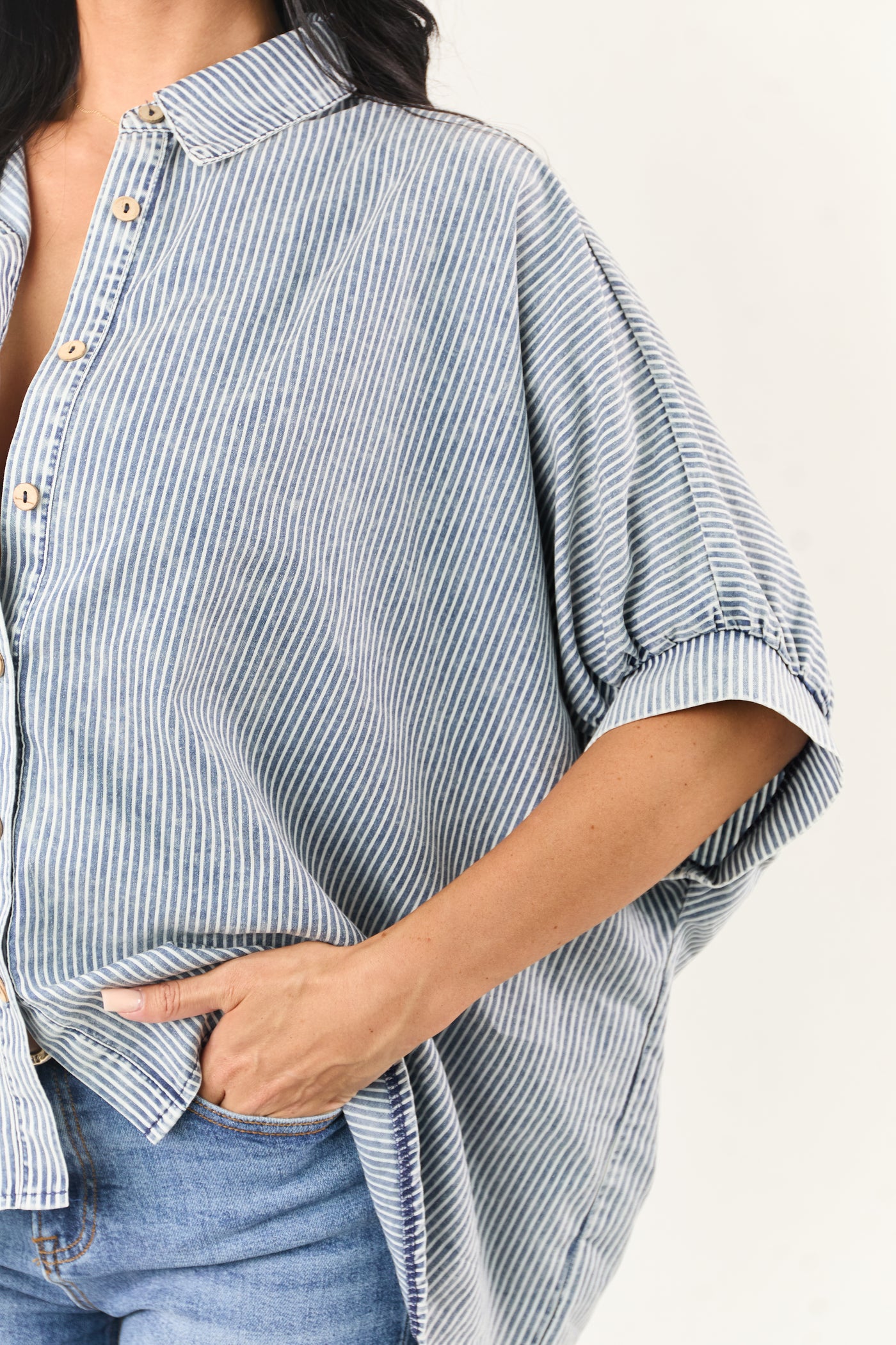 Medium Mineral Wash Striped Chambray Denim Top