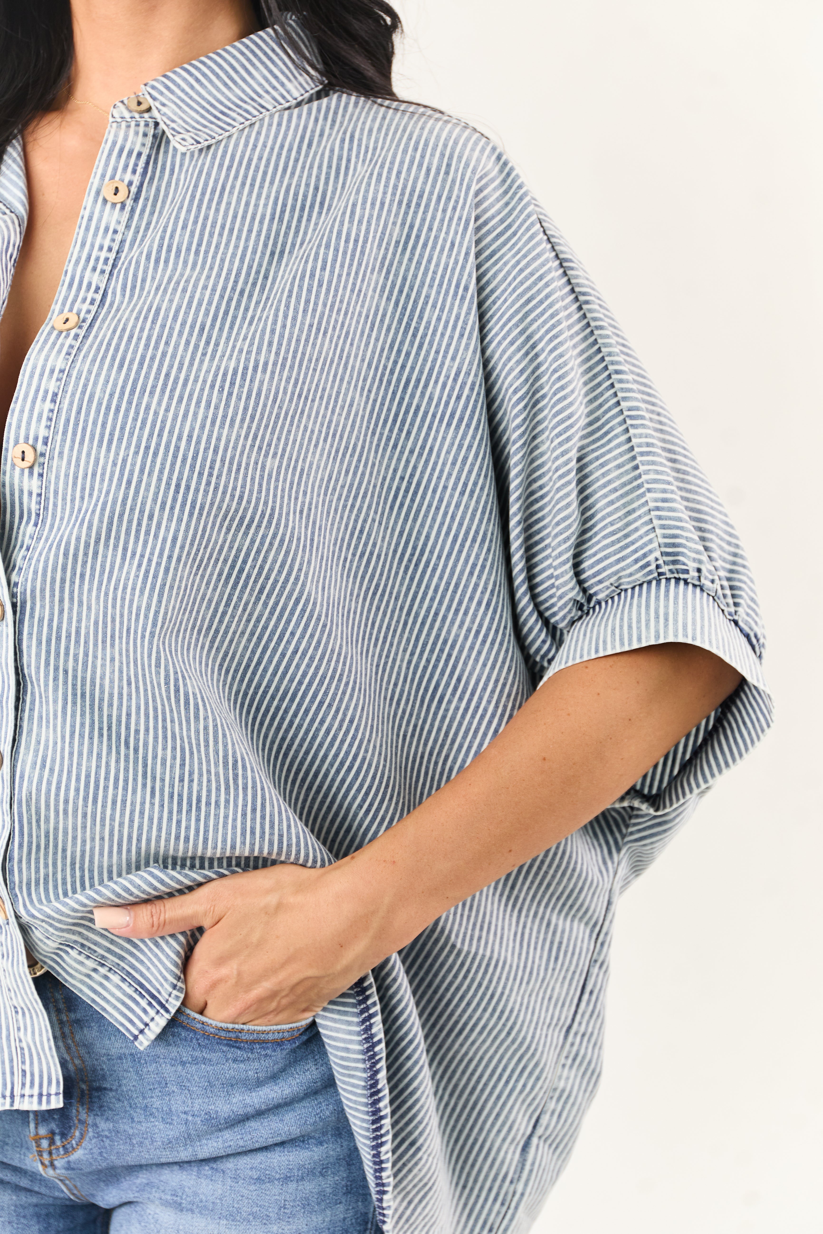 Medium Mineral Wash Striped Chambray Denim Top