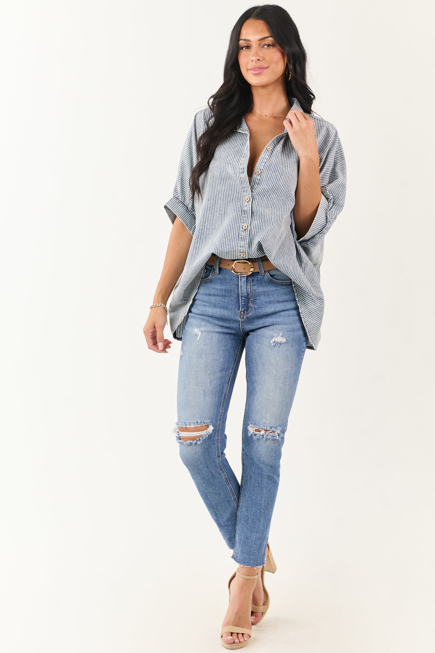 Medium Mineral Wash Striped Chambray Denim Top