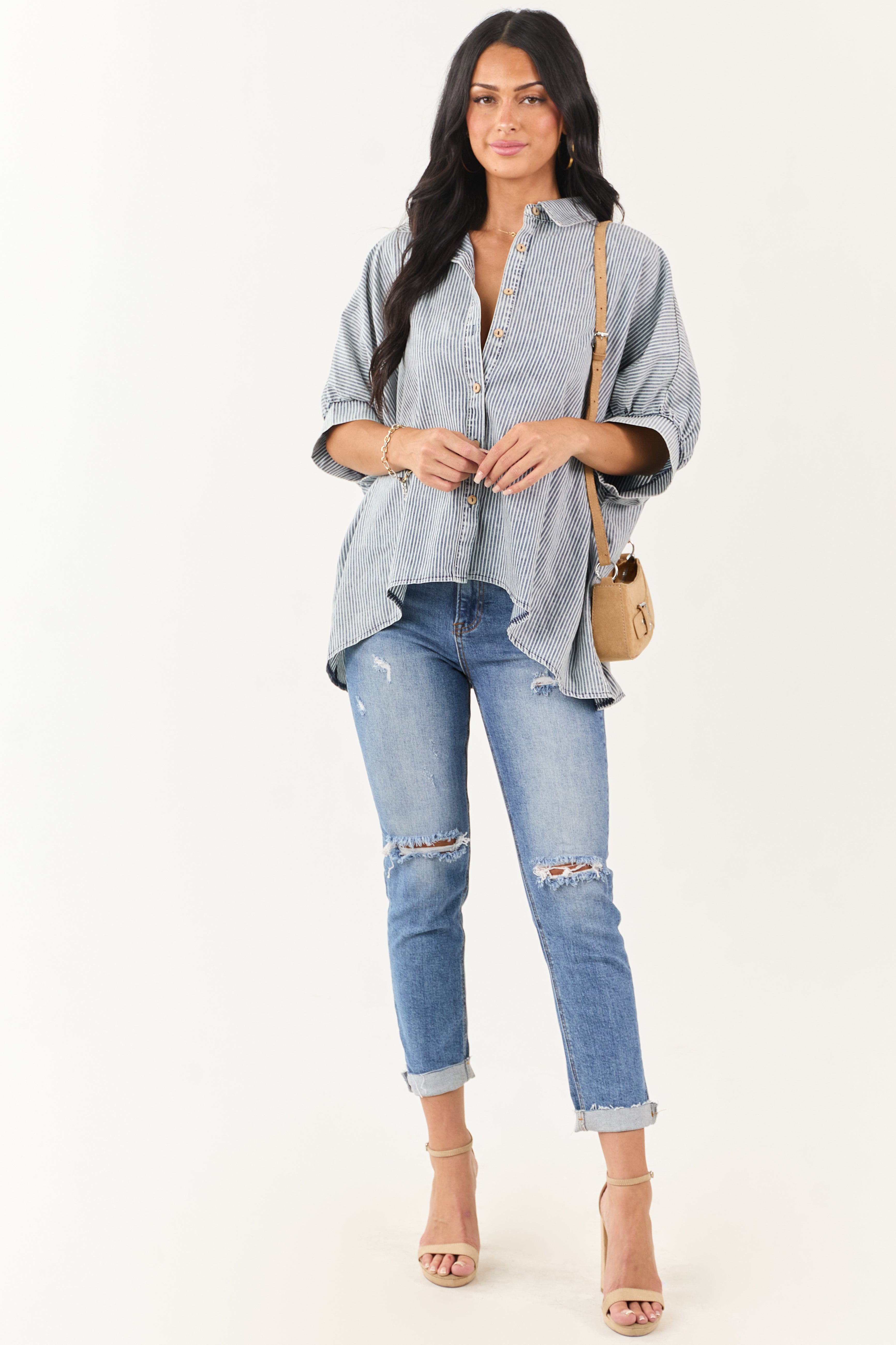 Medium Mineral Wash Striped Chambray Denim Top