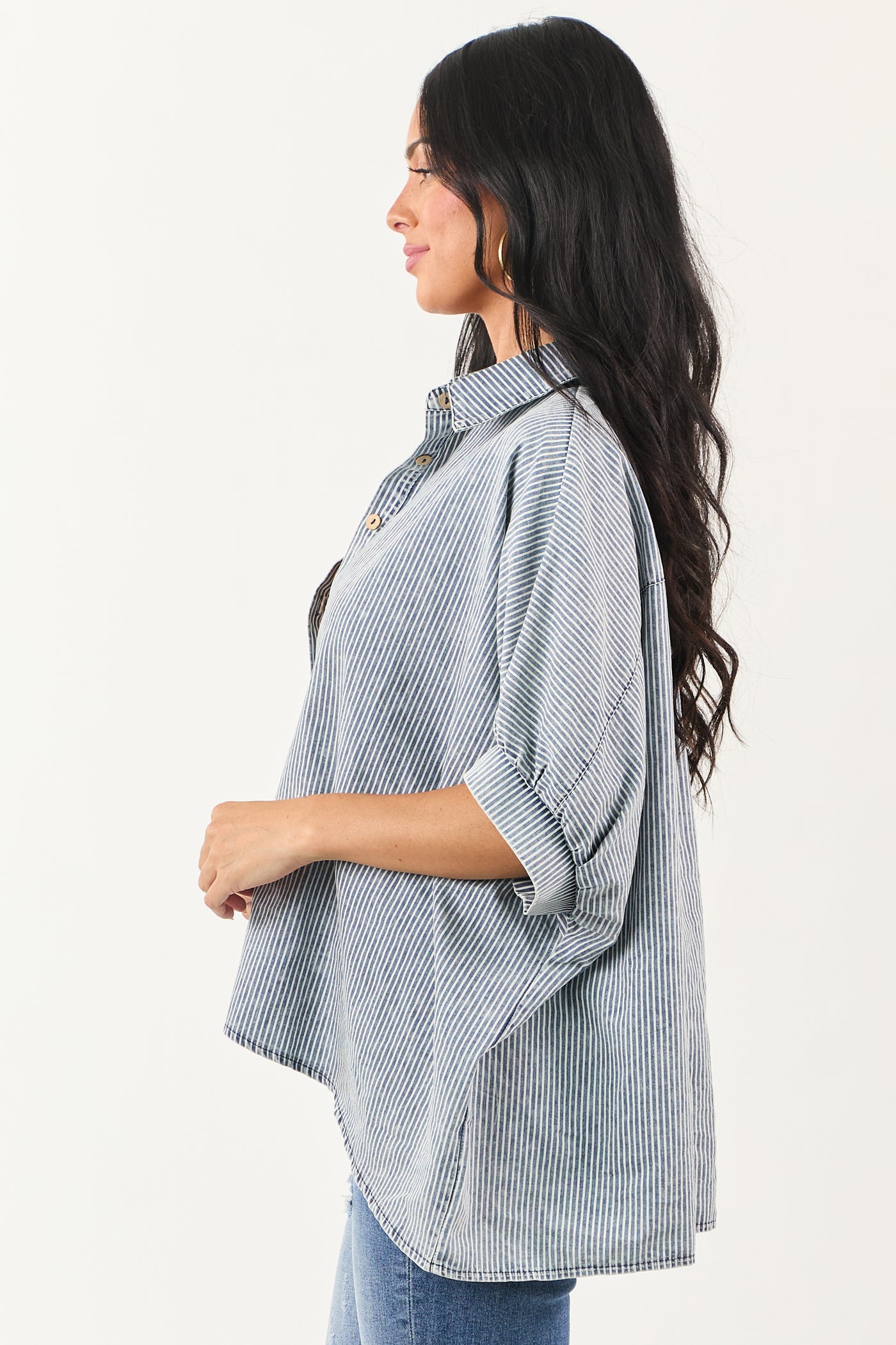 Medium Mineral Wash Striped Chambray Denim Top