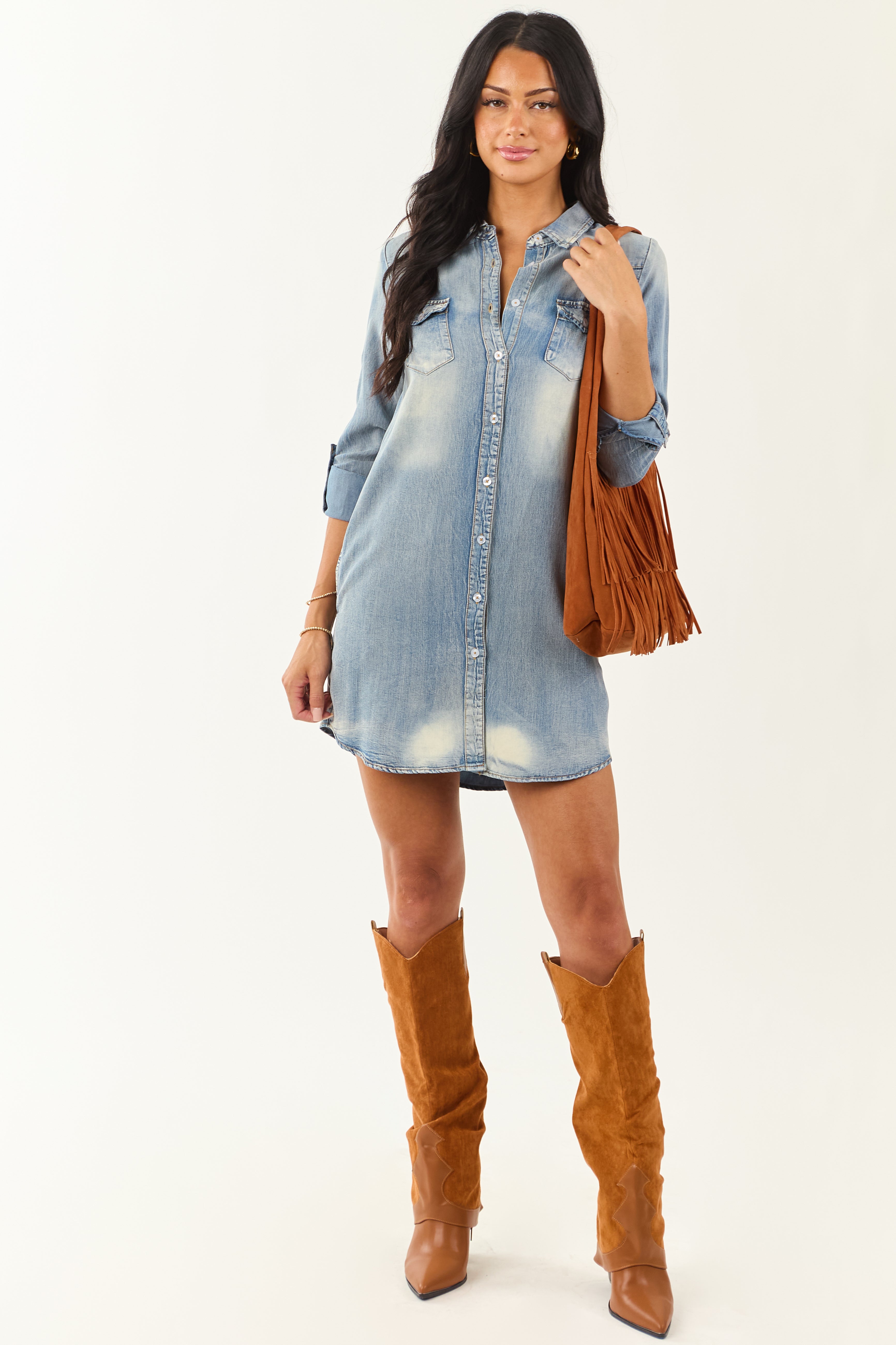 Medium Vintage Wash Chambray Button Down Mini Dress