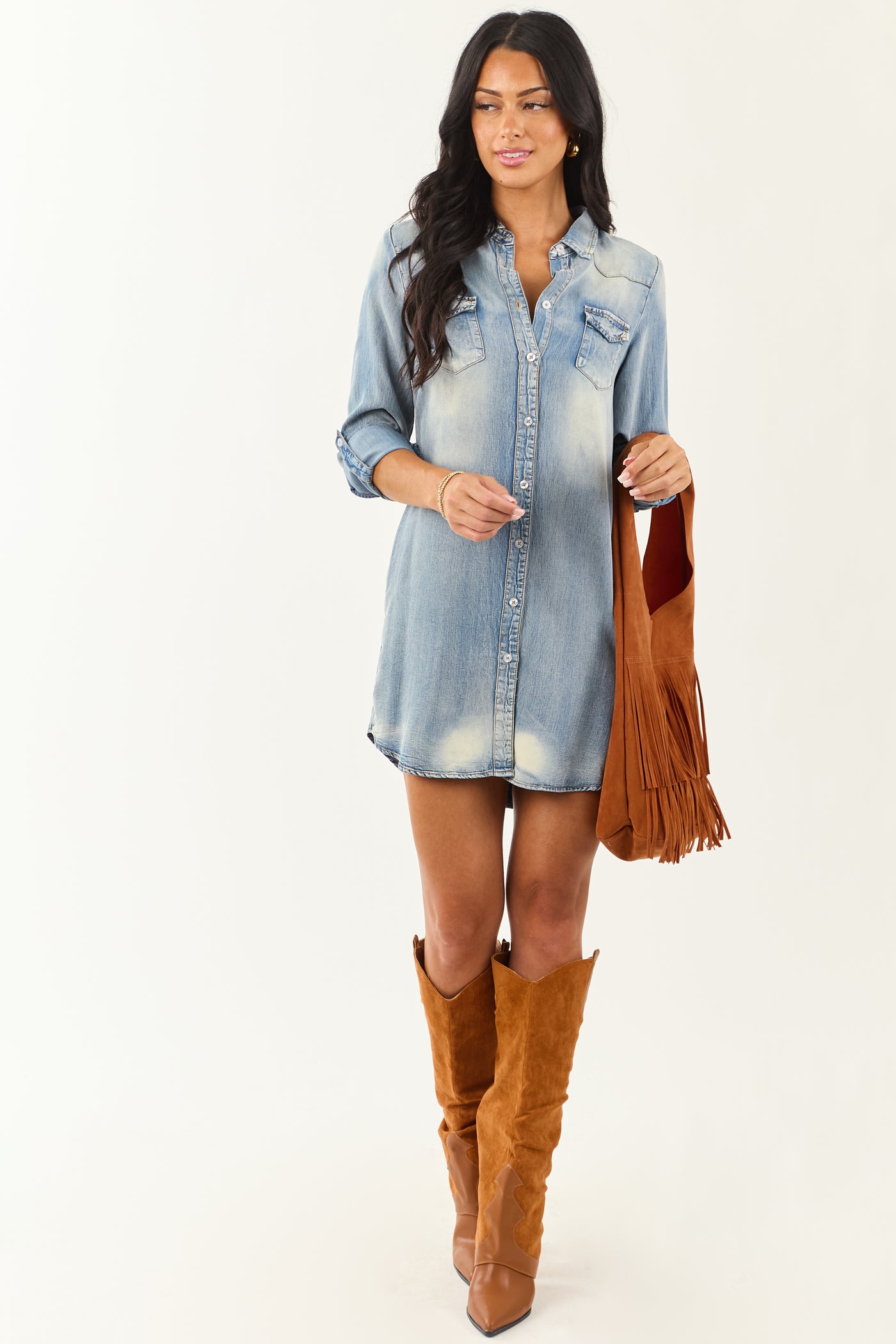 Medium Vintage Wash Chambray Button Down Mini Dress