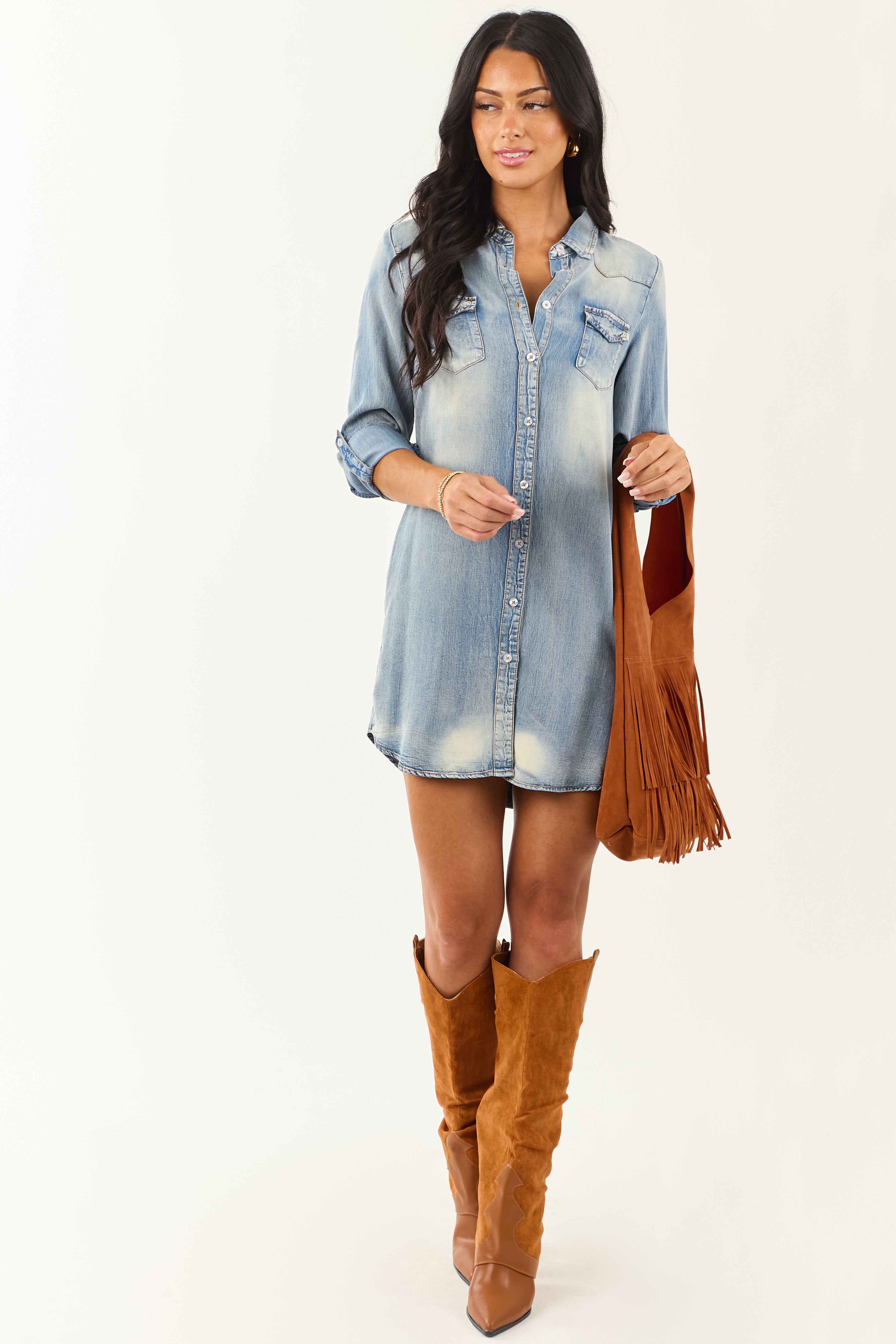 Medium Vintage Wash Chambray Button Down Mini Dress