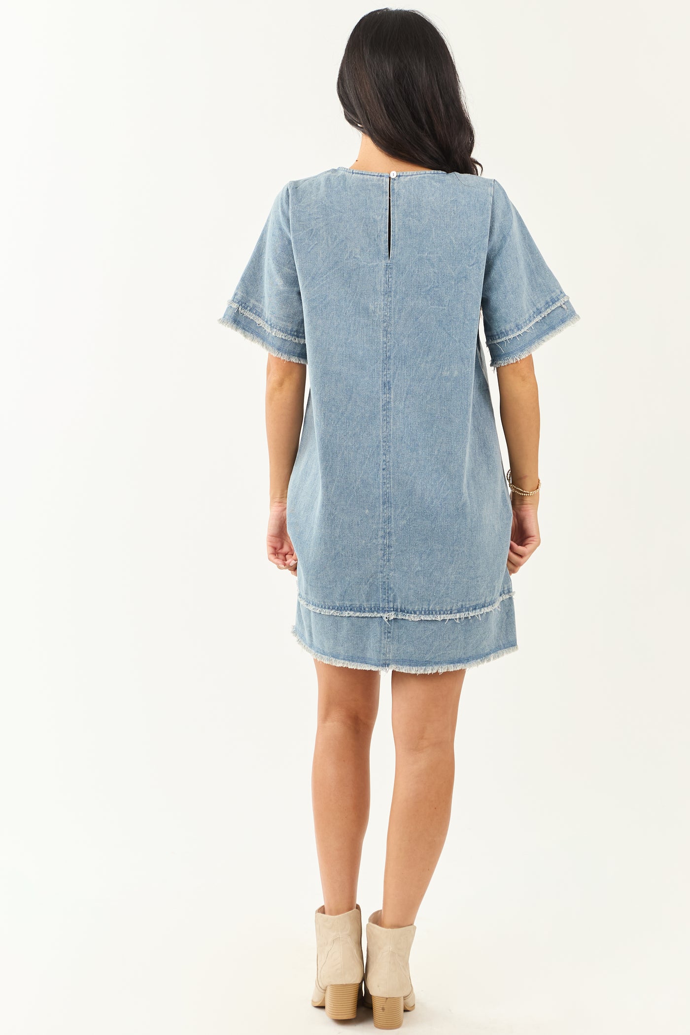 Medium Vintage Wash Denim Frayed Trim Mini Shift Dress