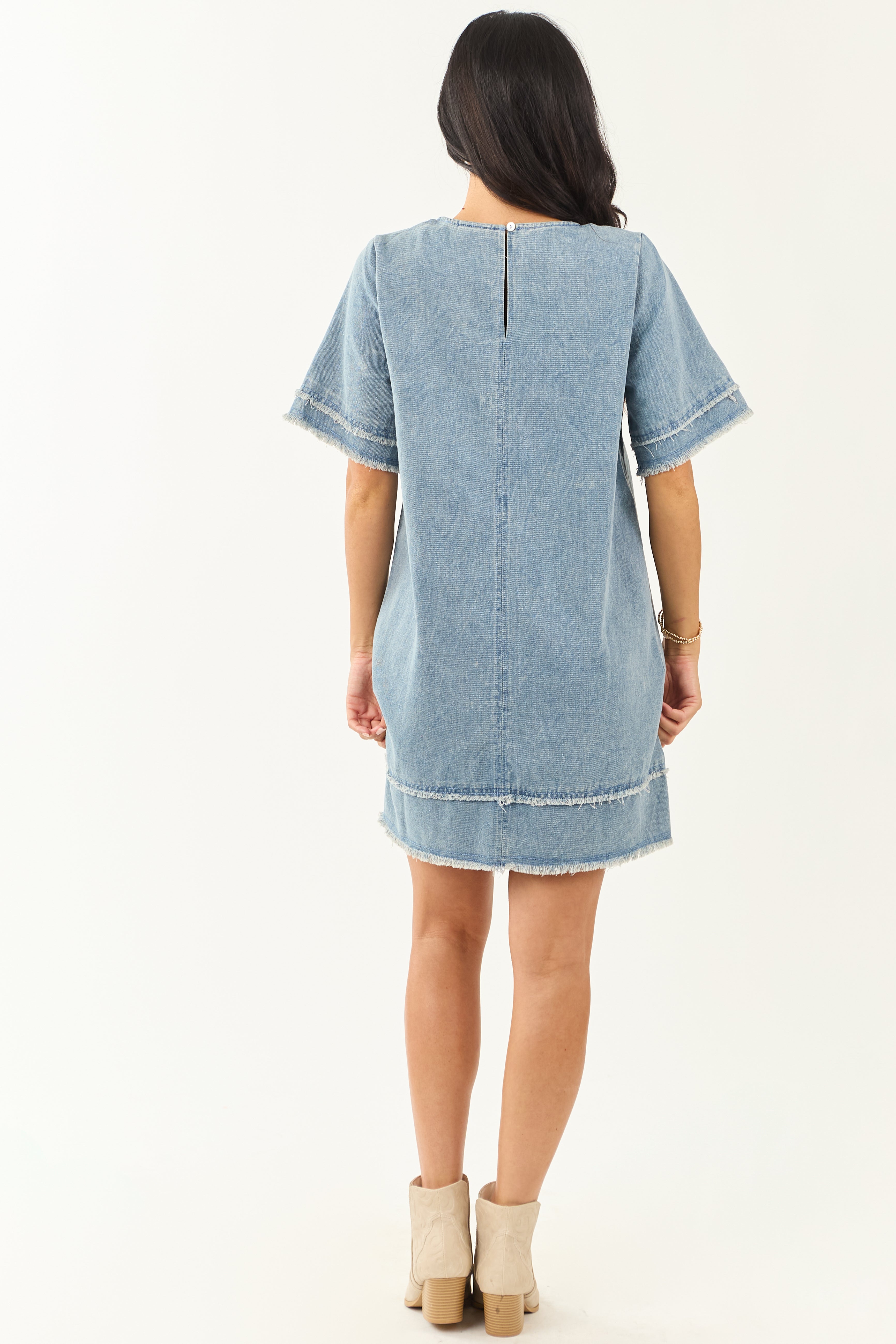 Medium Vintage Wash Denim Frayed Trim Mini Shift Dress