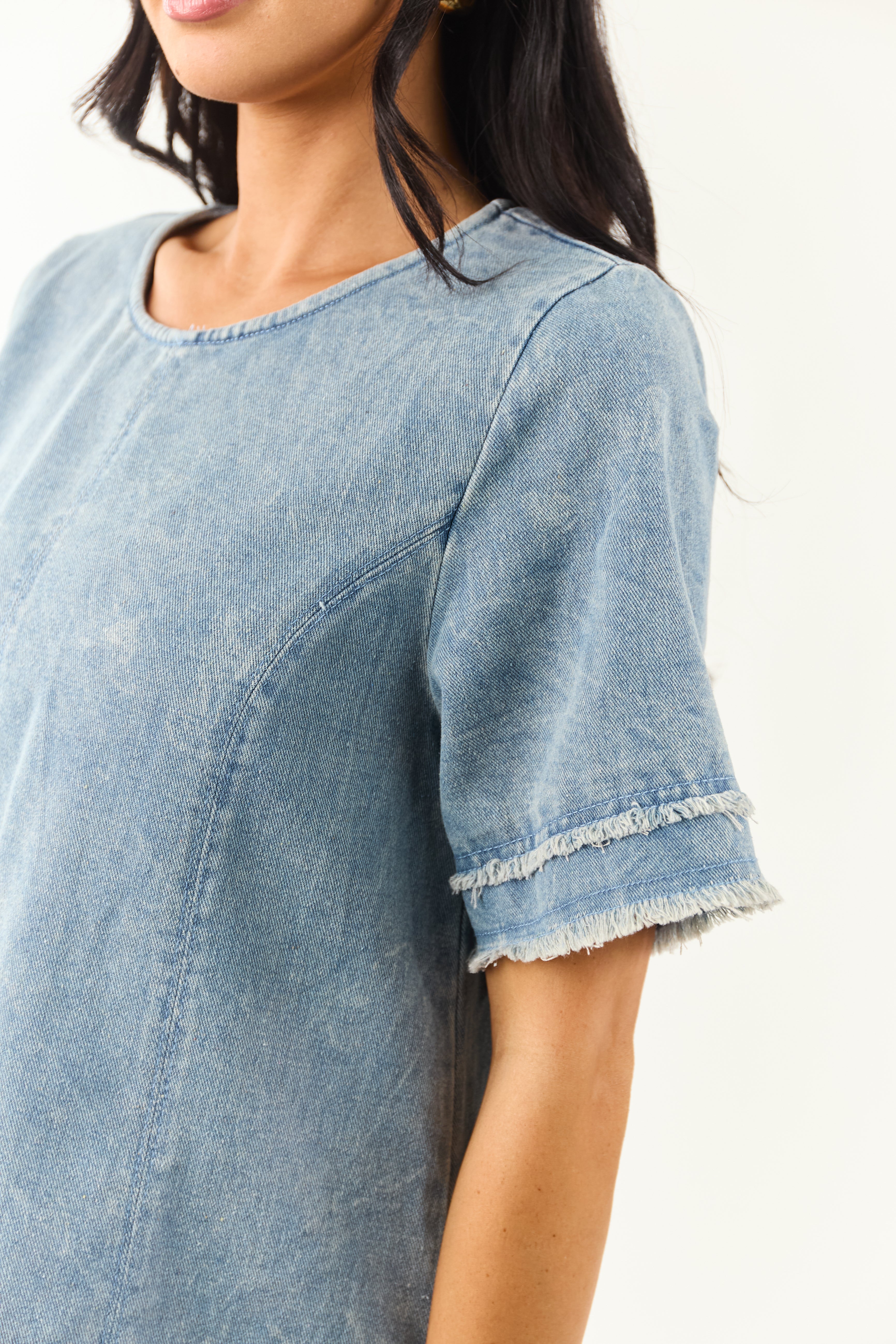 Medium Vintage Wash Denim Frayed Trim Mini Shift Dress Medium Vintage Wash Denim Frayed Trim Mini Shift Dress