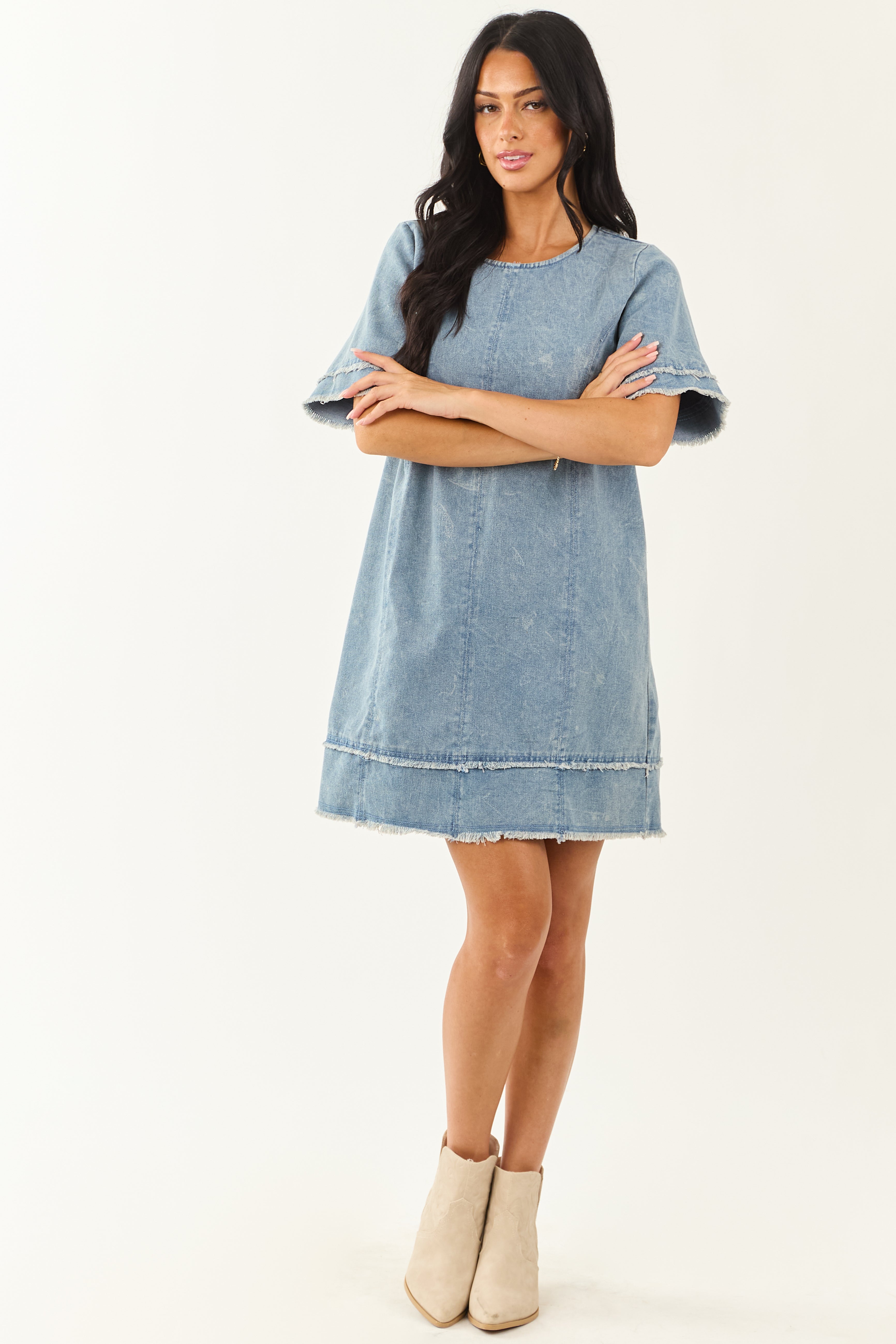 Medium Vintage Wash Denim Frayed Trim Mini Shift Dress