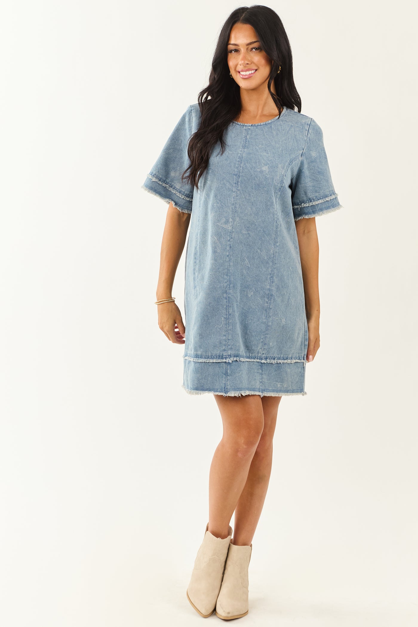 Medium Vintage Wash Denim Frayed Trim Mini Shift Dress