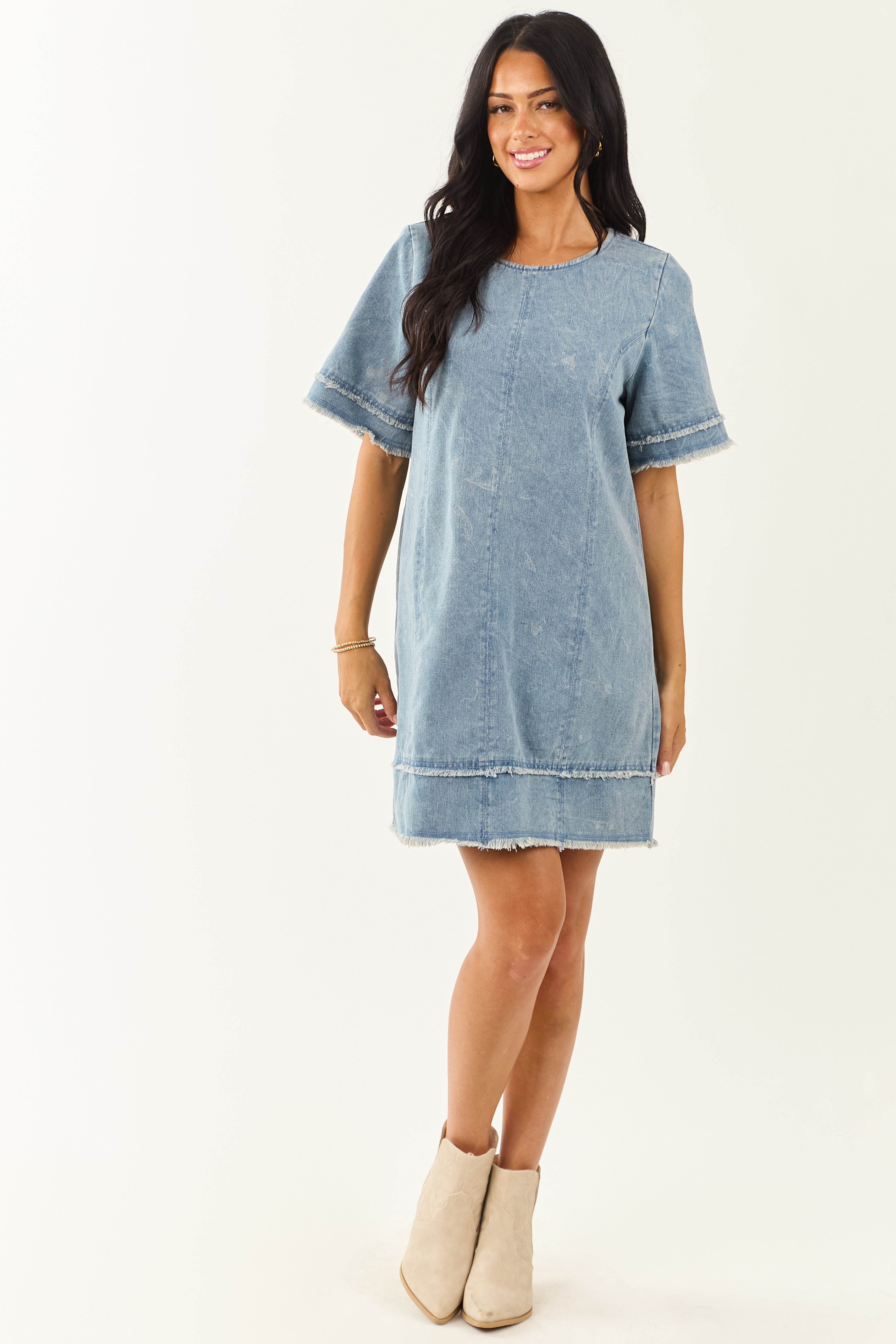 Medium Vintage Wash Denim Frayed Trim Mini Shift Dress