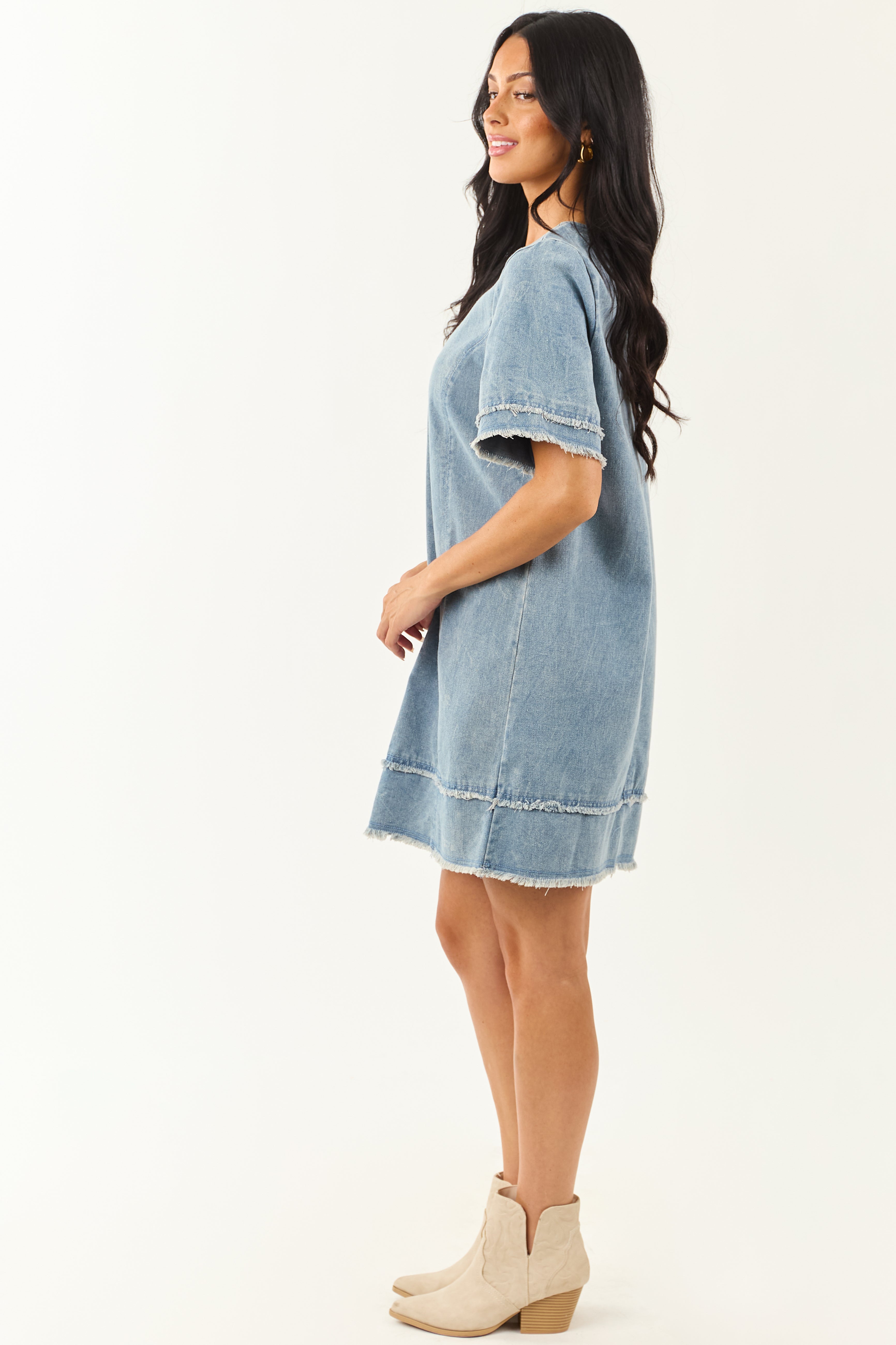 Medium Vintage Wash Denim Frayed Trim Mini Shift Dress