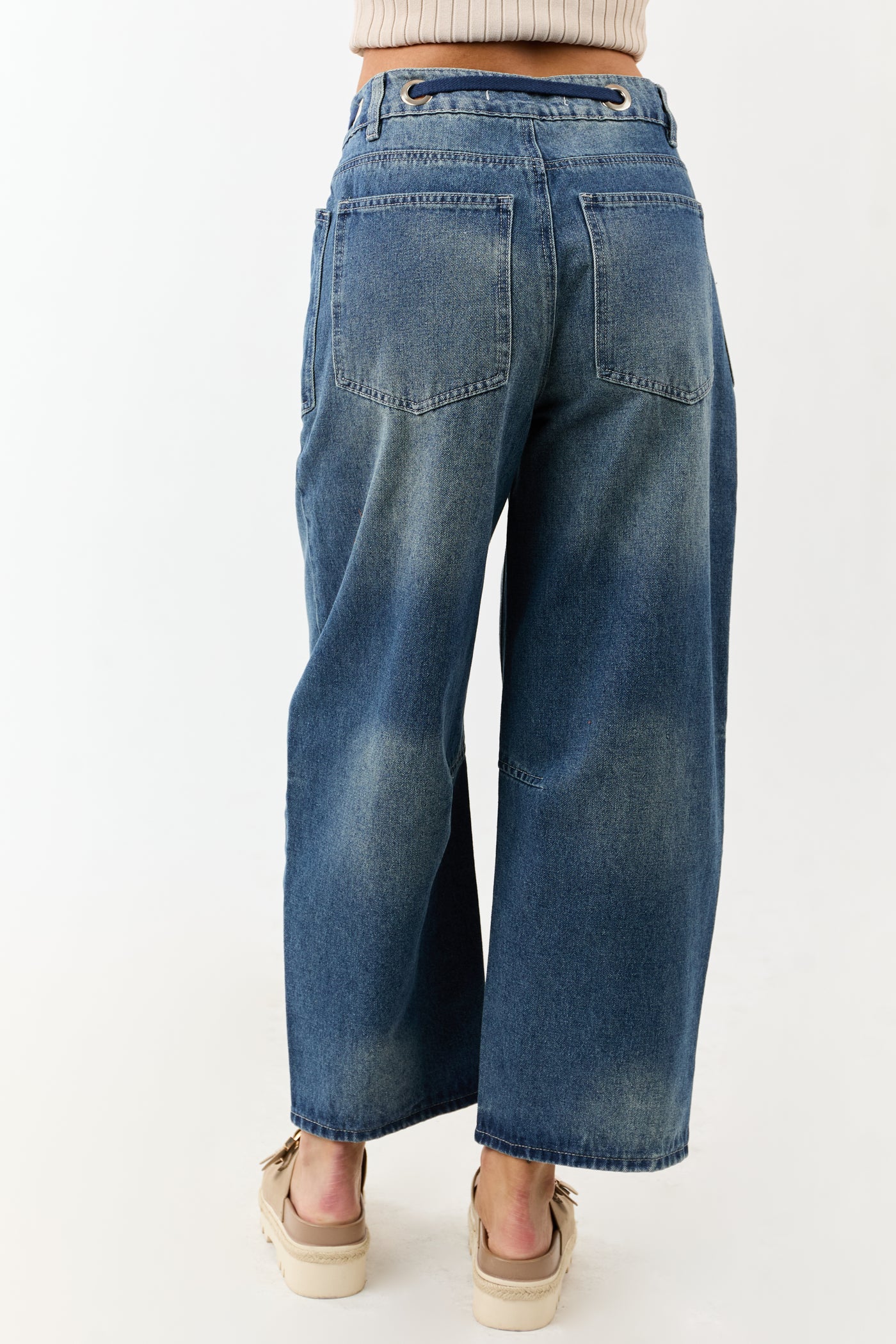 Medium Vintage Wash High Rise Drawstring Barrel Jeans