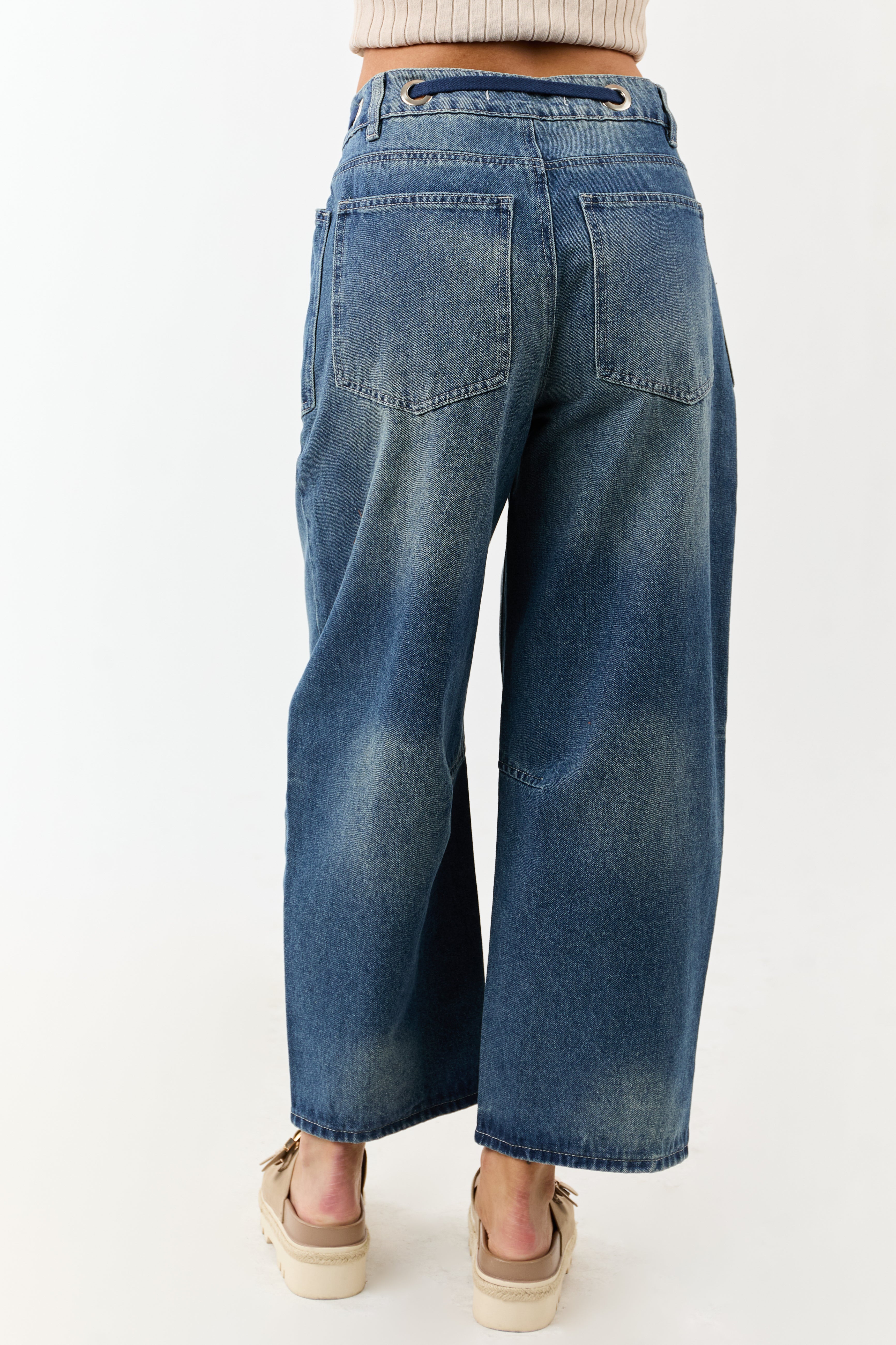 Medium Vintage Wash High Rise Drawstring Barrel Jeans