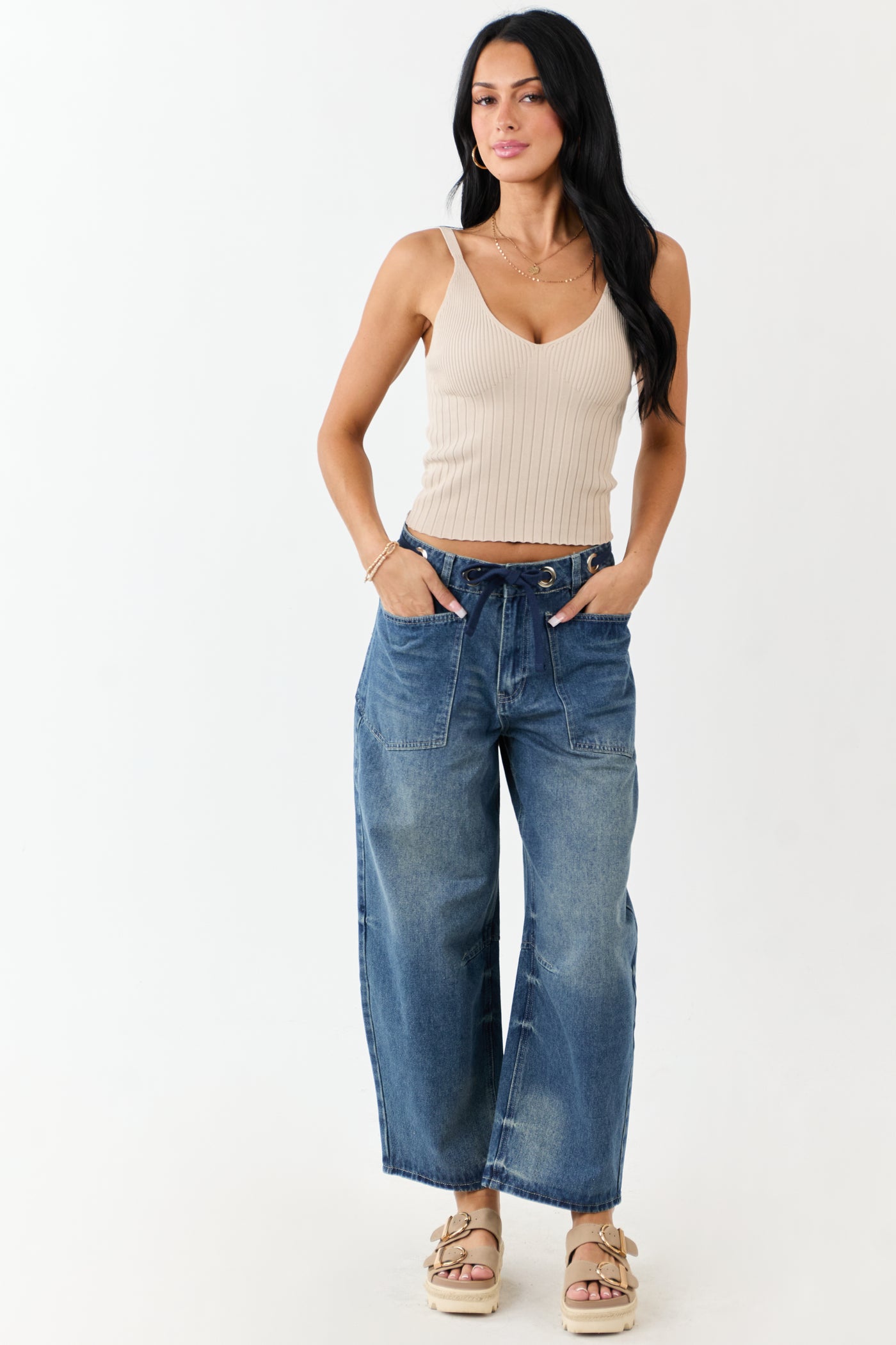 Medium Vintage Wash High Rise Drawstring Barrel Jeans