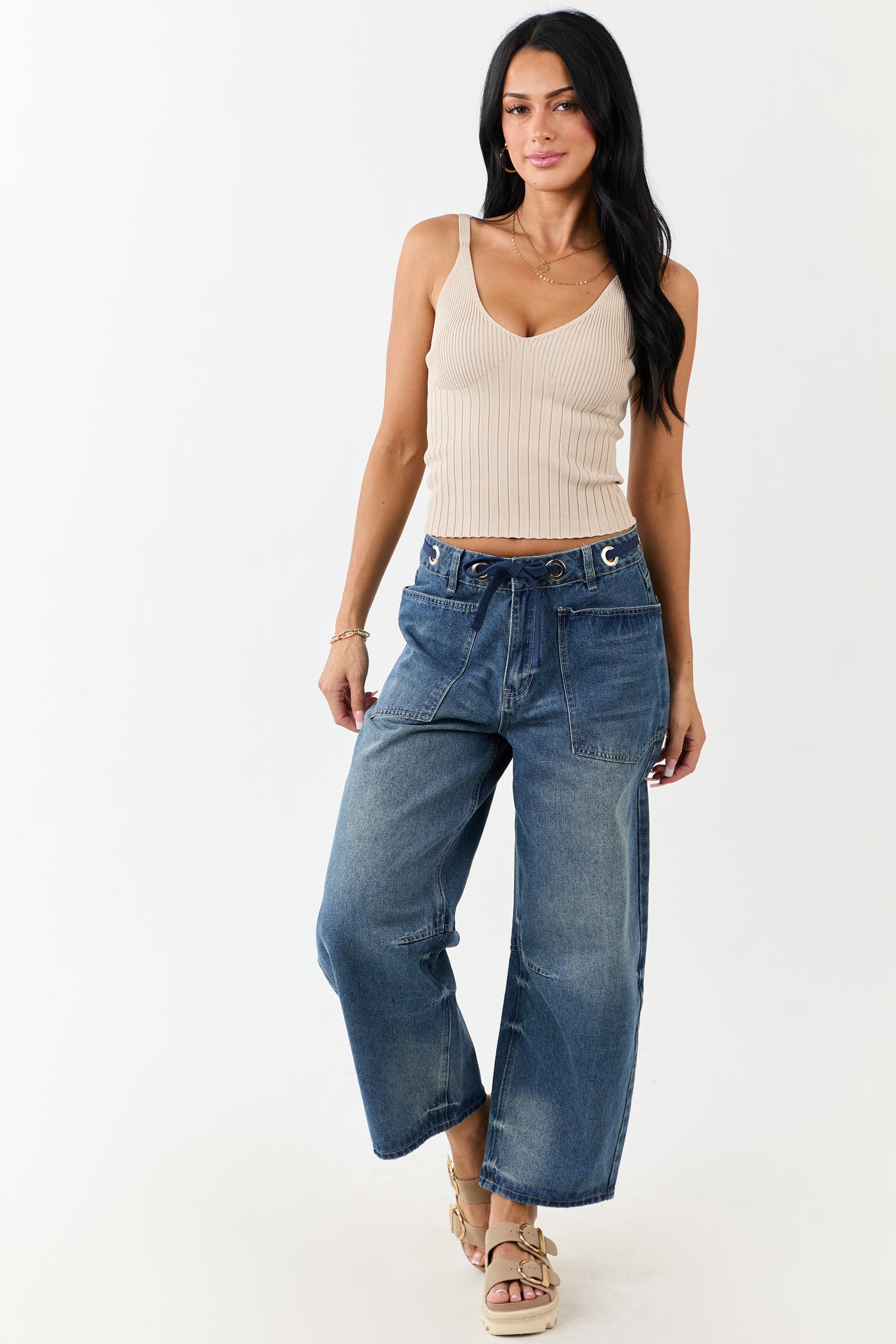 Medium Vintage Wash High Rise Drawstring Barrel Jeans