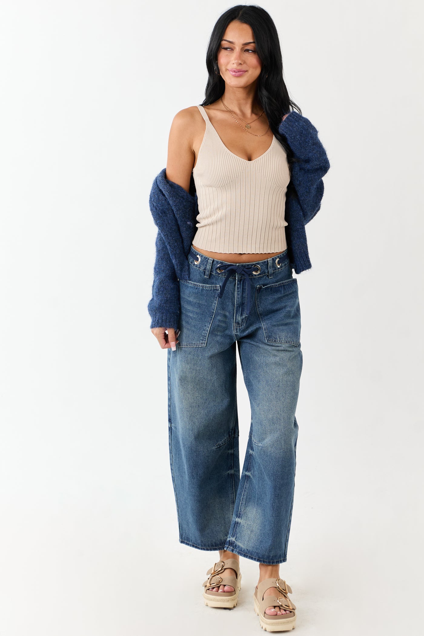 Medium Vintage Wash High Rise Drawstring Barrel Jeans