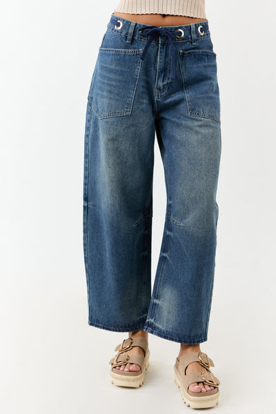 Medium Vintage Wash High Rise Drawstring Barrel Jeans