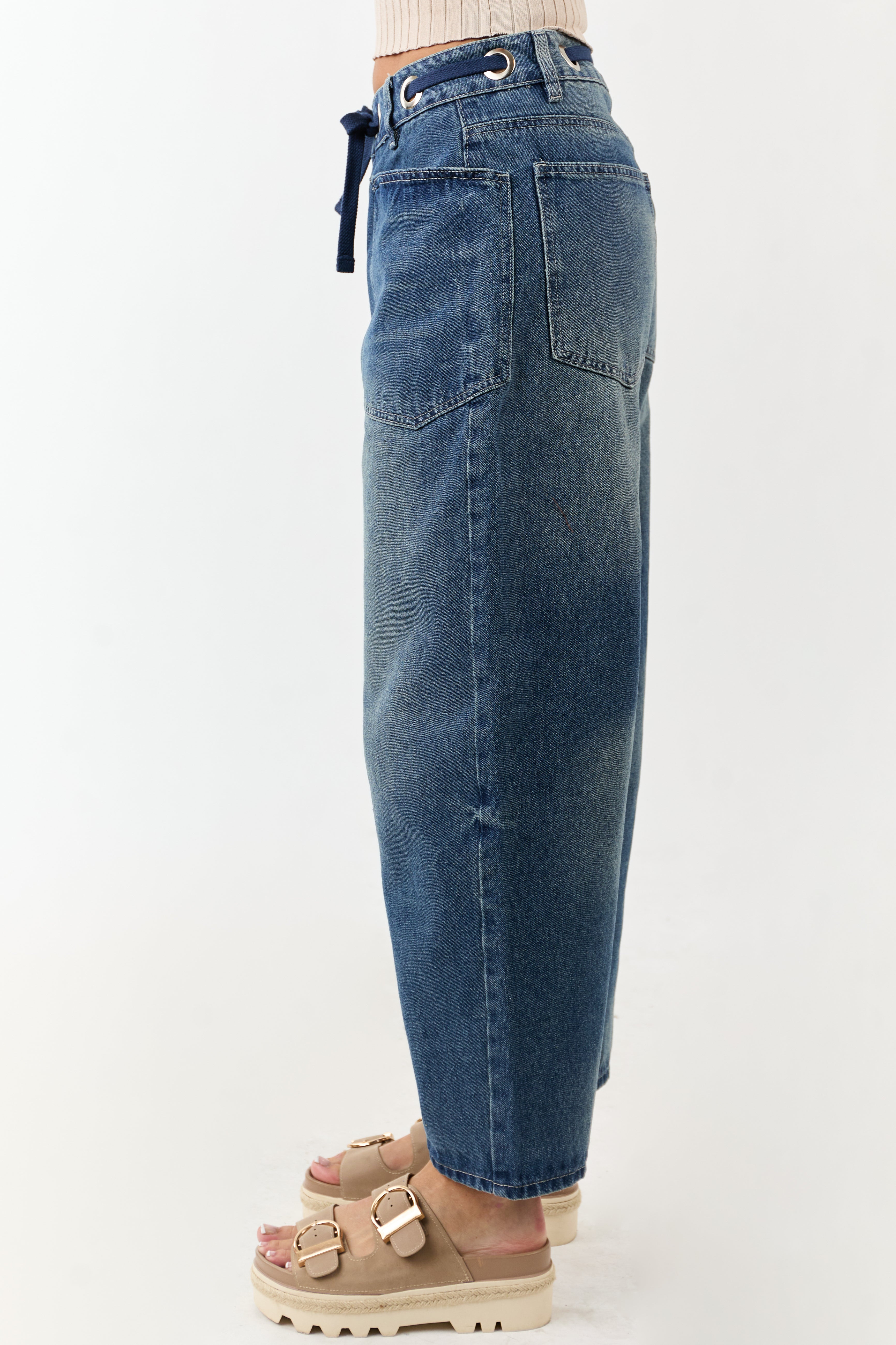 Medium Vintage Wash High Rise Drawstring Barrel Jeans