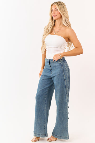Medium Vintage Wash Scalloped Side Stretch Wide Jeans