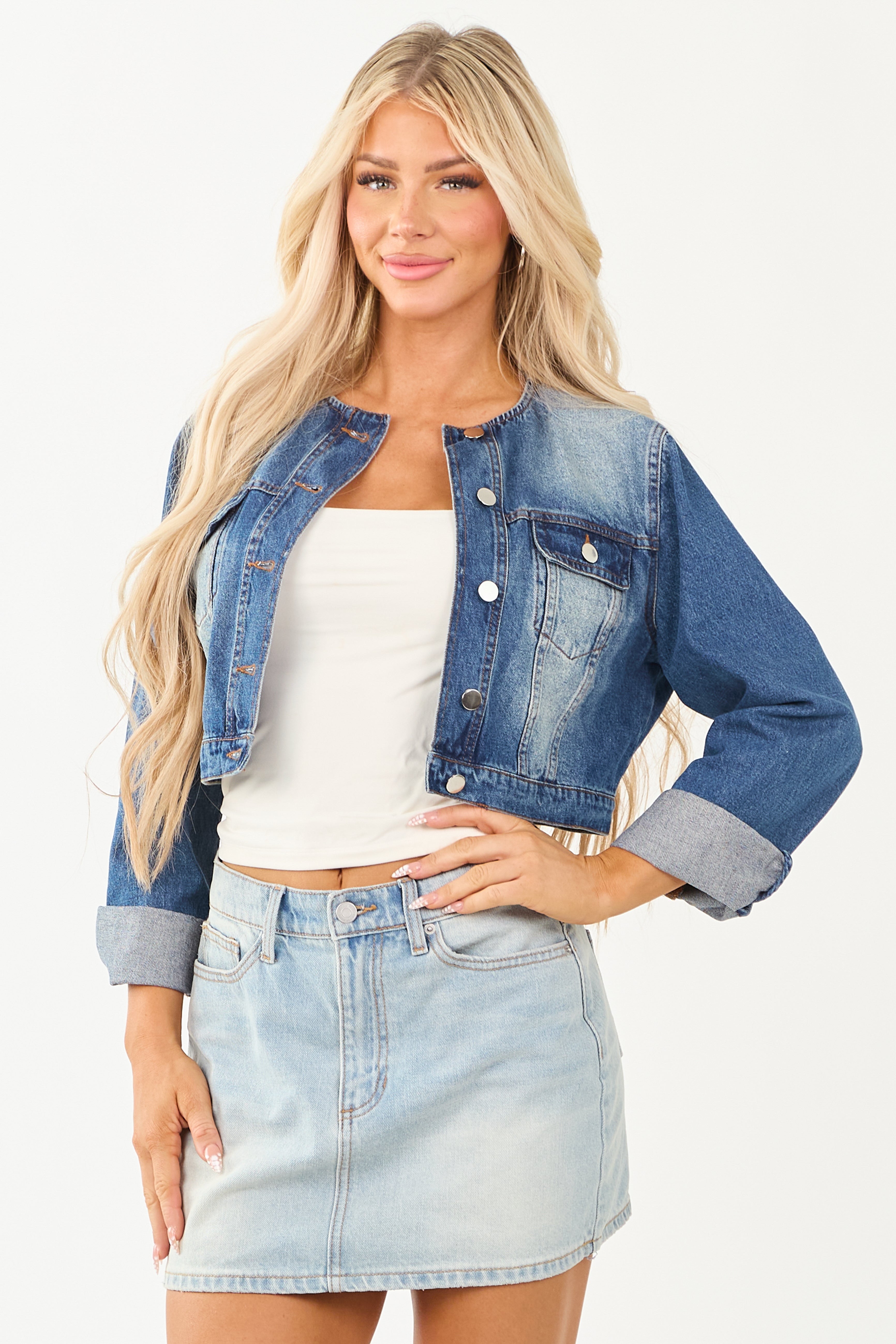 Medium Wash Acid Wash Cropped Denim Jacket