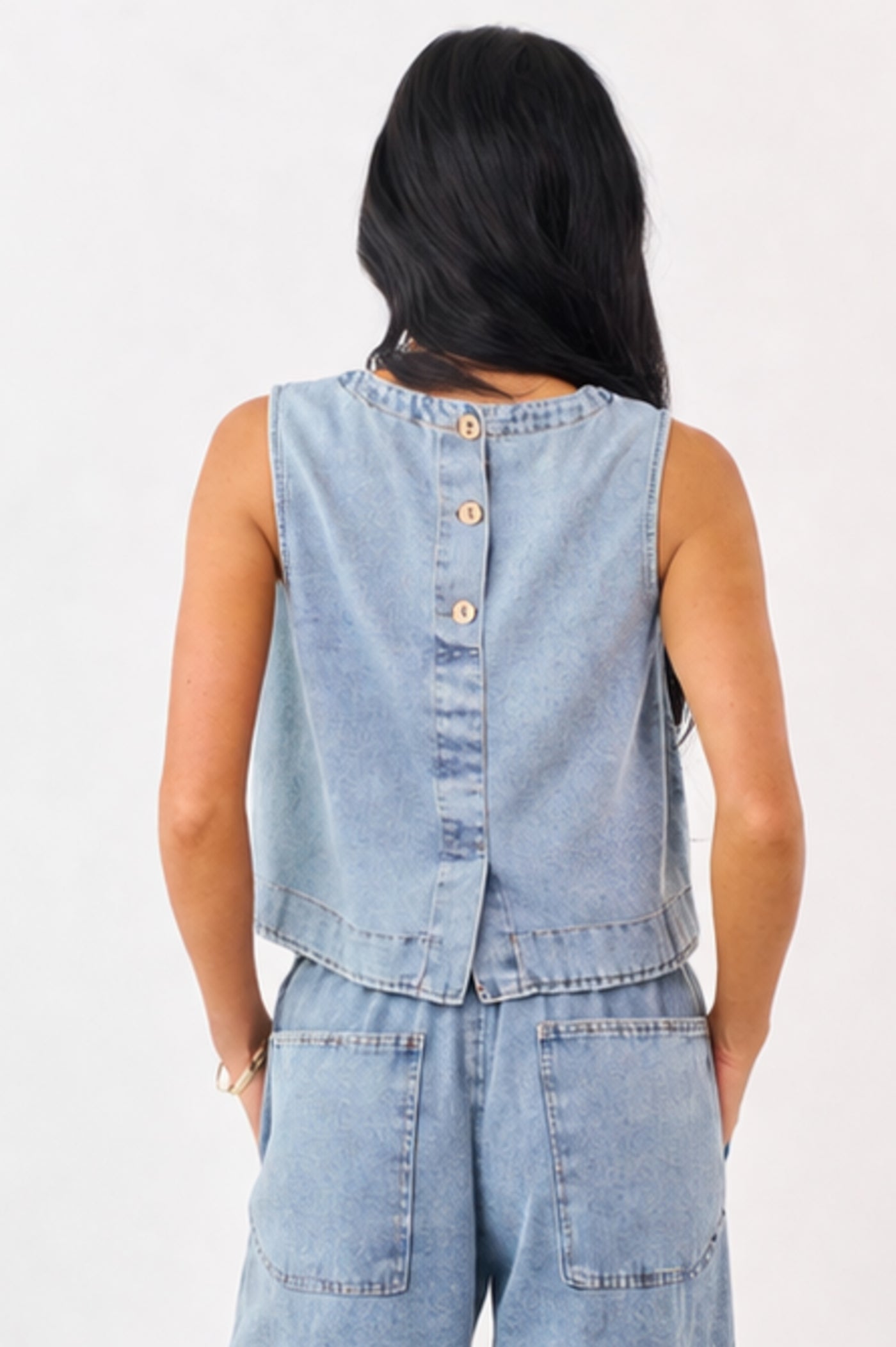 Medium Wash Back Button Down Denim Tank Top