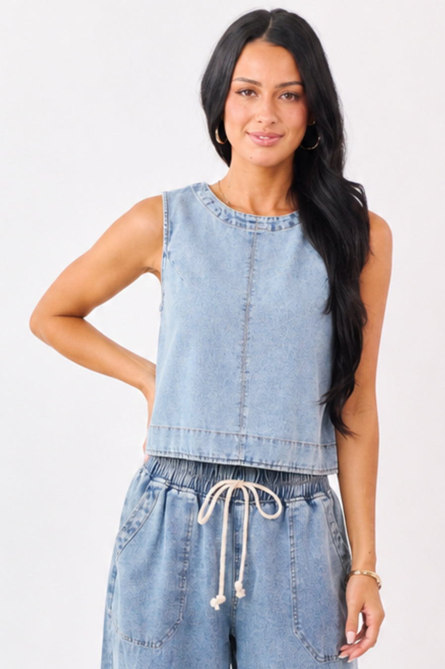 Medium Wash Back Button Down Denim Tank Top