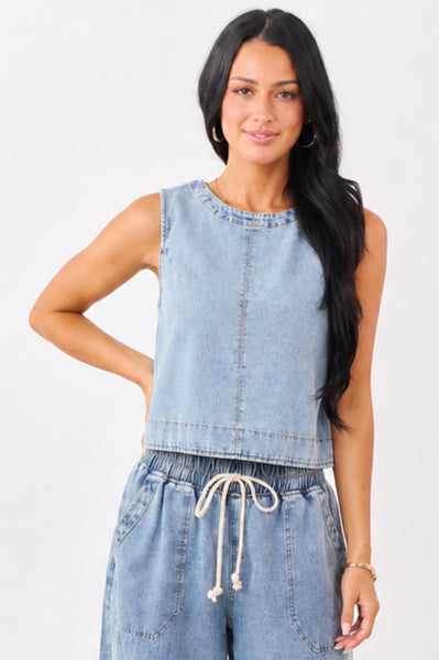 Medium Wash Back Button Down Denim Tank Top | Lime Lush Boutique