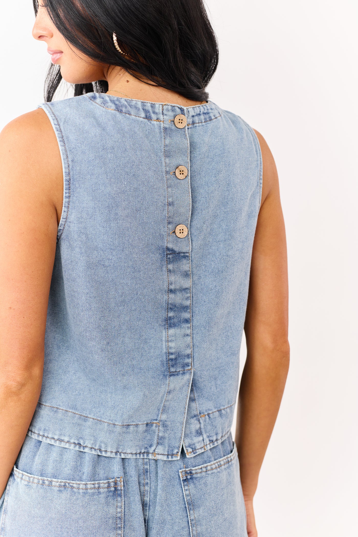 Medium Wash Back Button Down Denim Tank Top